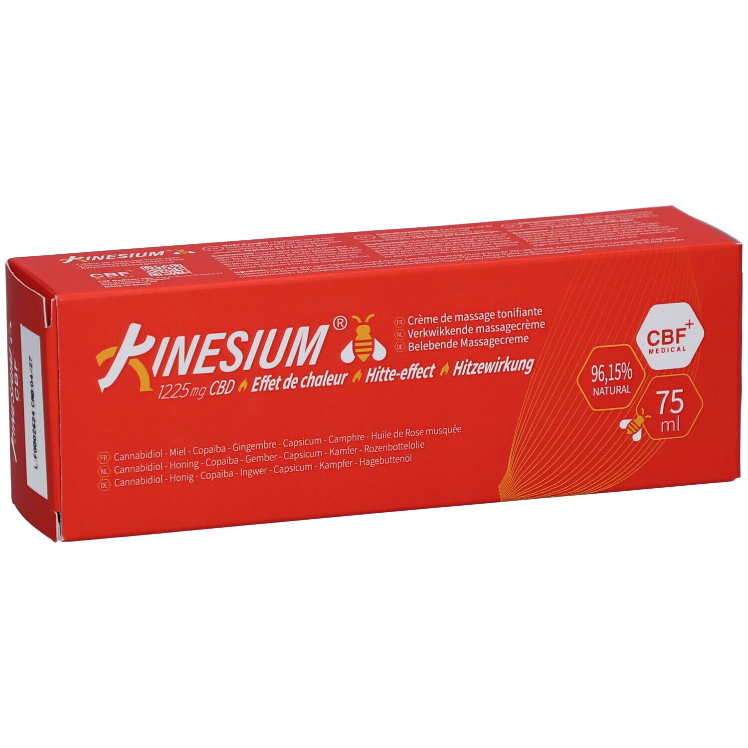 Boîte rouge Kinesium, 1225mg CBD, effet chaleur. 75 ml. Label CBF+ Medical. Ingrédients.