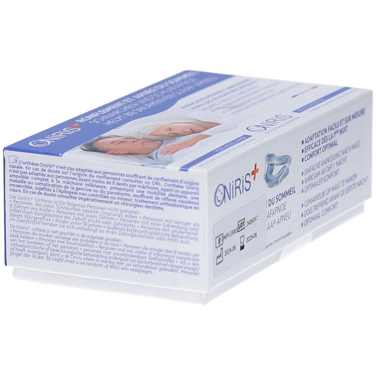 Verpackung mit Produktabbildung und Text. Logo: Oniris+. Text: Orthese Oniris, AAP-Apneu.