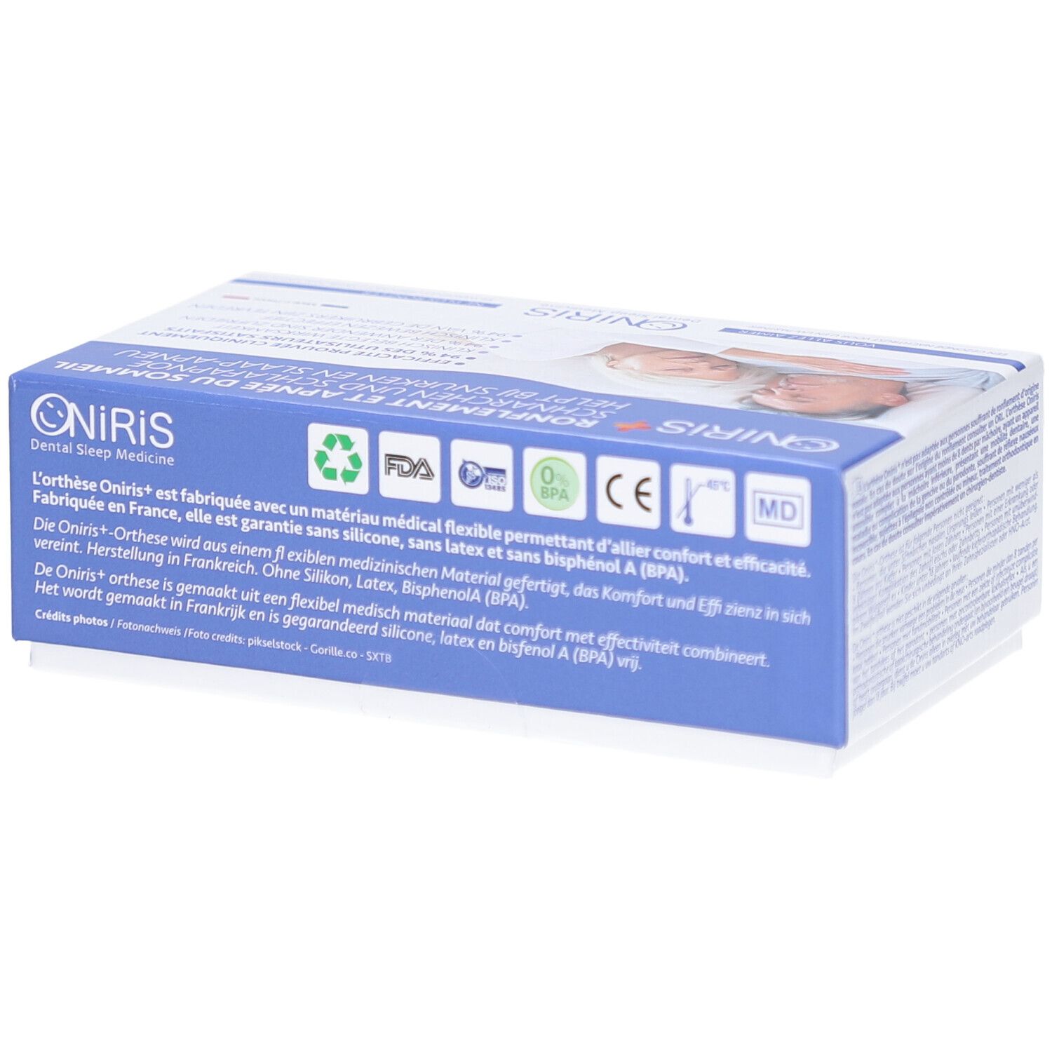 Verpackung mit Text und Logos. Text: Dental Sleep Medicine. Logos: FDA, CE, MD.