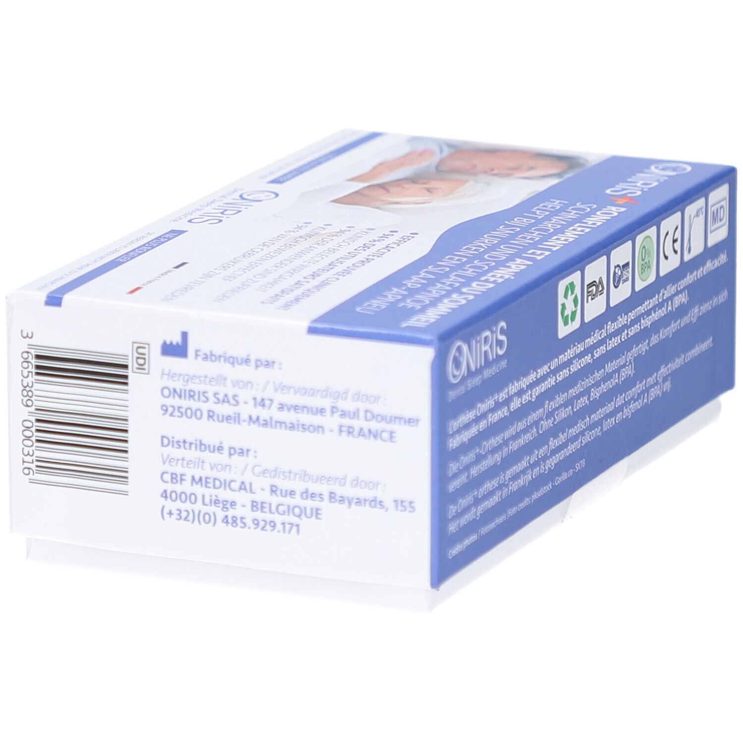 Verpackung mit Text und Logos. Text: Fabriqué par: ONIRIS SAS. Logos: Recycling, CE.