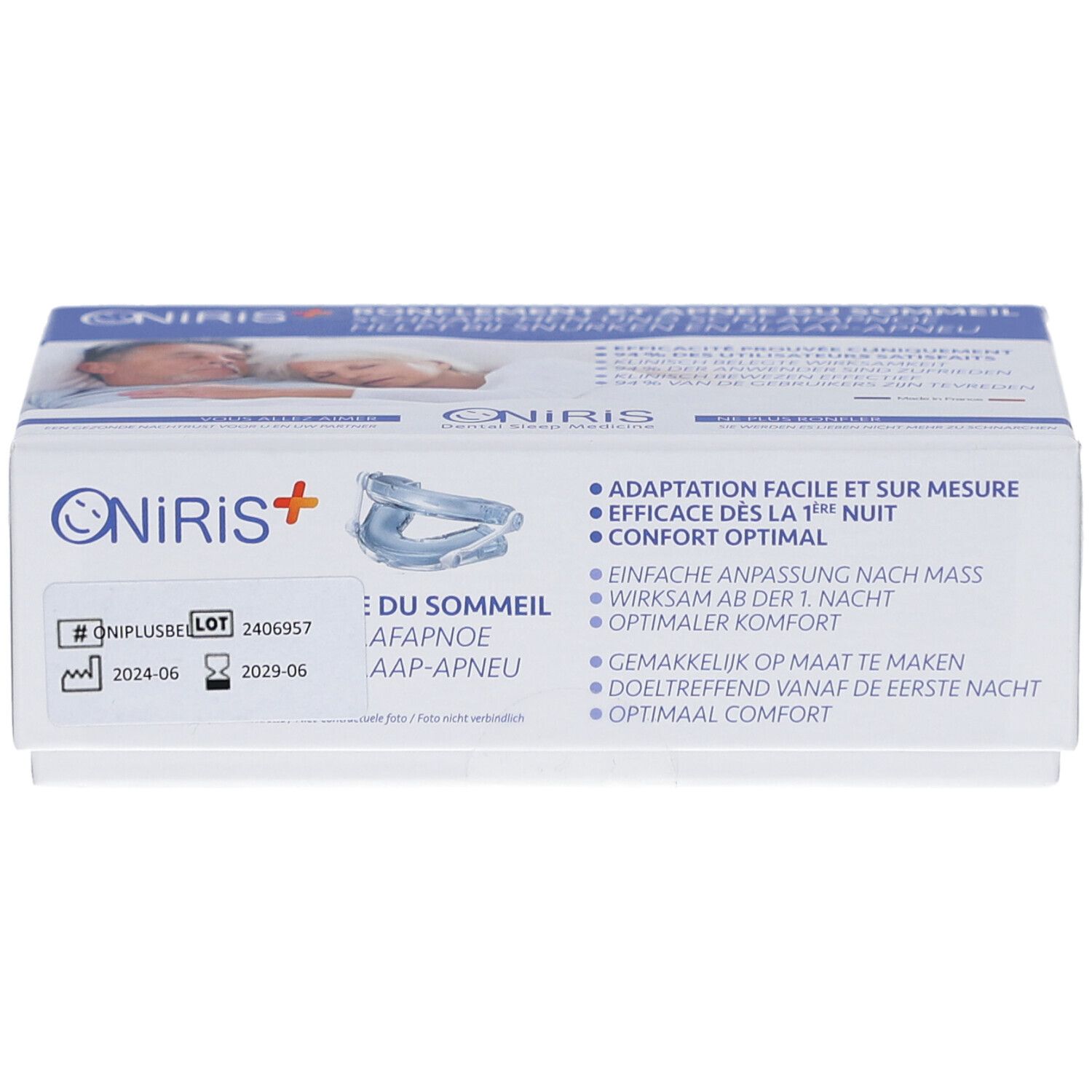 Verpackung mit Produktabbildung und Text. Logo: Oniris+. Text: Adaptation facile et sur mesure, Confort optimal.