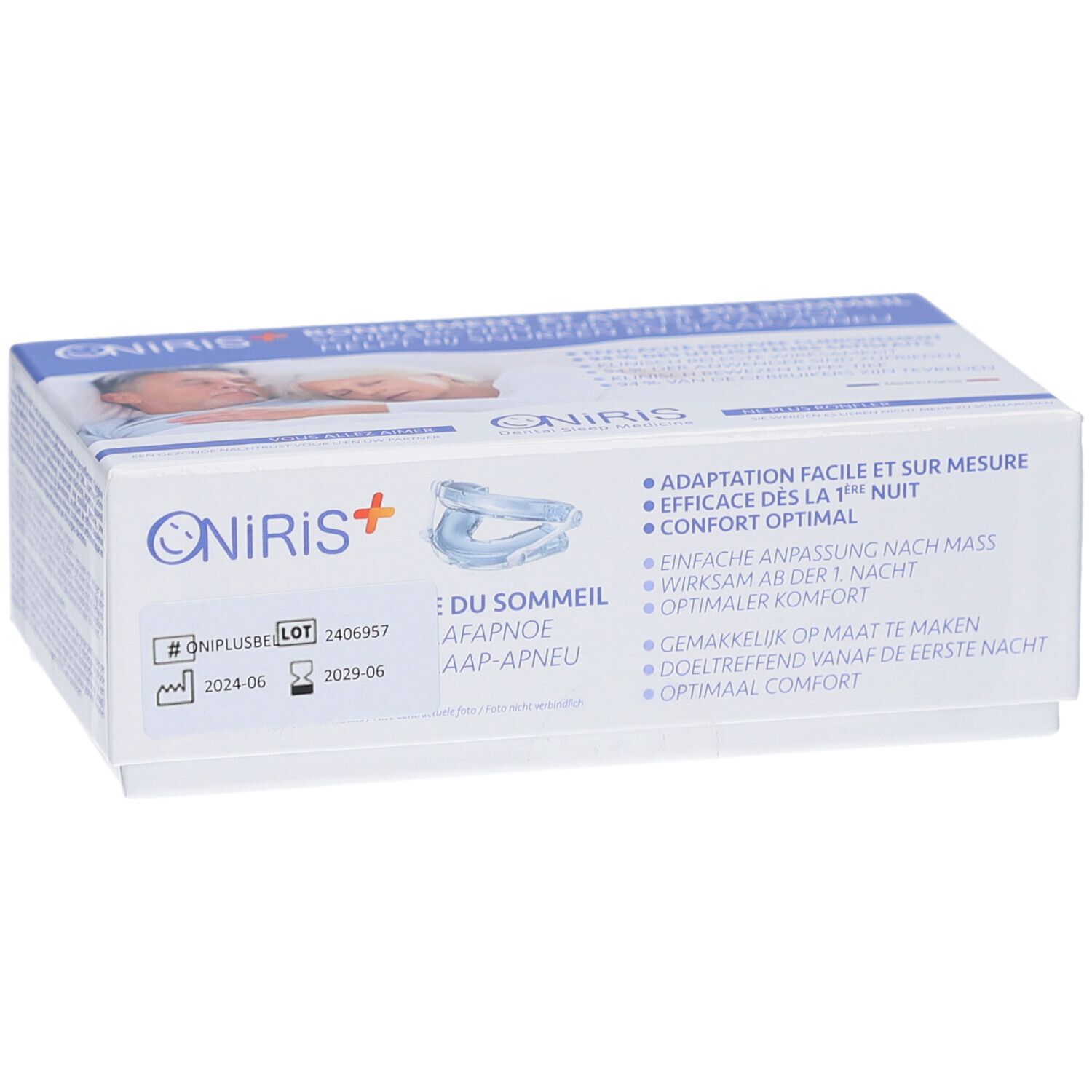 Verpackung mit Produktabbildung und Text. Logo: Oniris+. Text: Adaptation facile et sur mesure, Confort optimal.