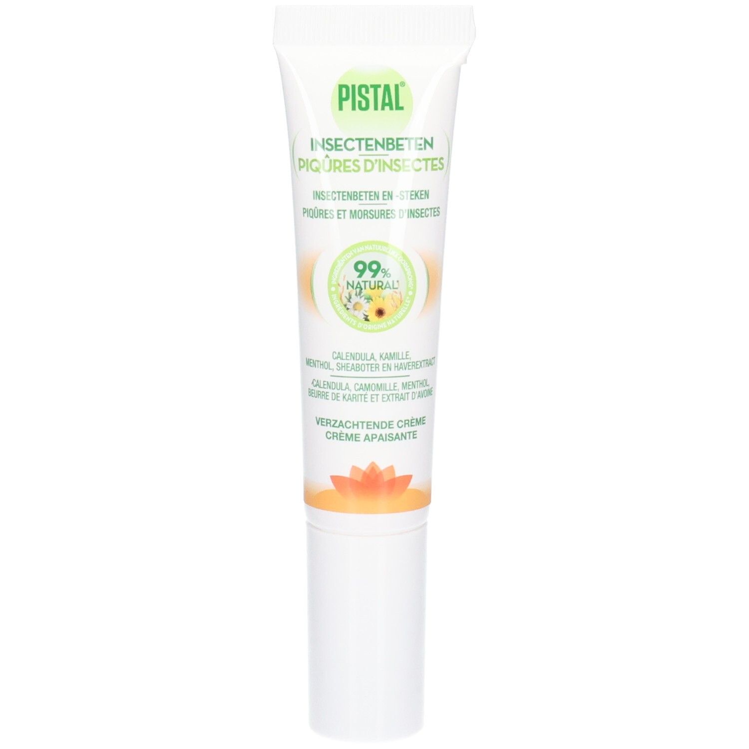 Creme-Tube mit weißem Deckel. Aufschrift: PISTAL, Insektenstiche. 99% natürlich. Inhaltsstoffe: Calendula, Kamille, Menthol, Sheabutter.