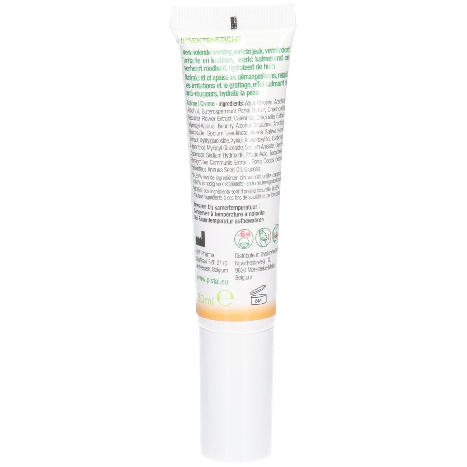 Rückseite der Creme-Tube. Text mit Inhaltsstoffen und Anwendungshinweisen. Herstellerinformationen und Logos.