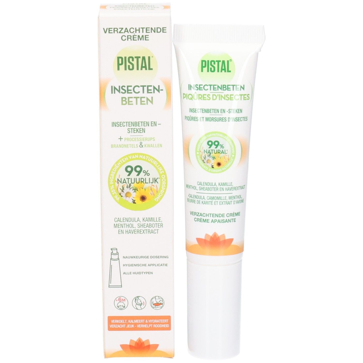 Verpackung und Tube. Aufschrift: PISTAL, Insektenbeten. 99% natürlich. Inhaltsstoffe: Calendula, Kamille, Menthol, Sheabutter. Mit Applikator.