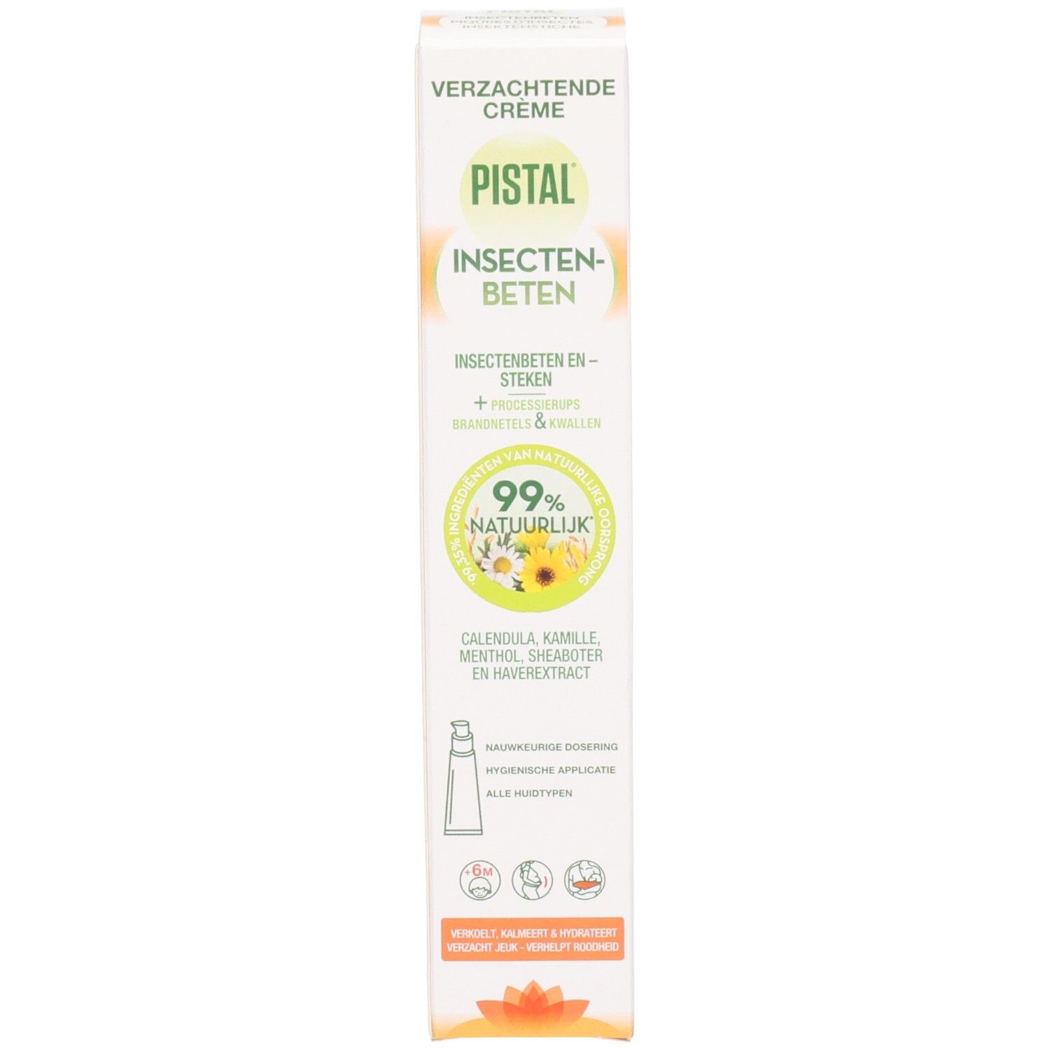 Verpackung. Aufschrift: PISTAL, Insektenbeten. 99% natürlich. Inhaltsstoffe: Calendula, Kamille, Menthol, Sheabutter. Mit Applikator.