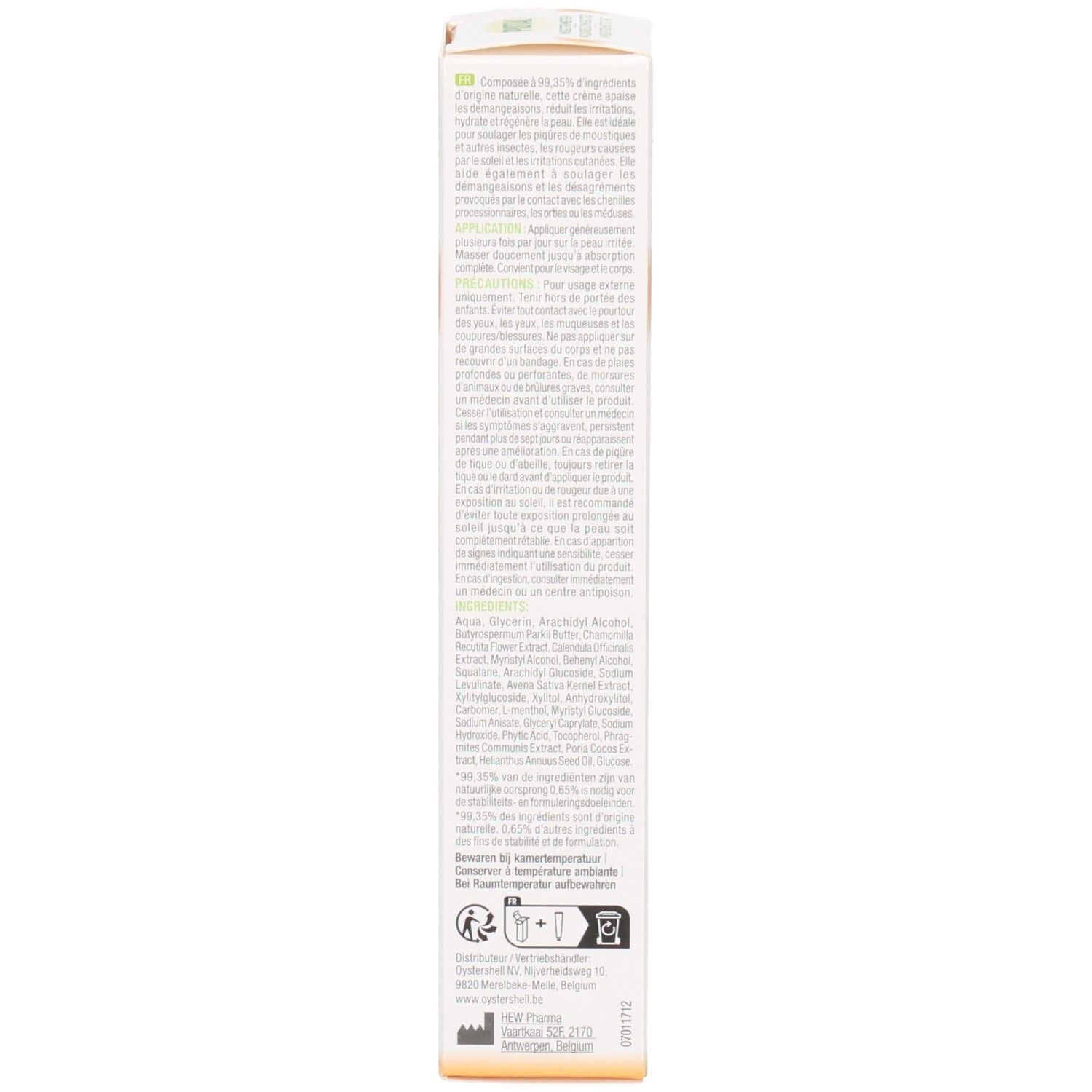 Rückseite der Verpackung. Text mit Inhaltsstoffen und Anwendungshinweisen. Herstellerinformationen und Logos.