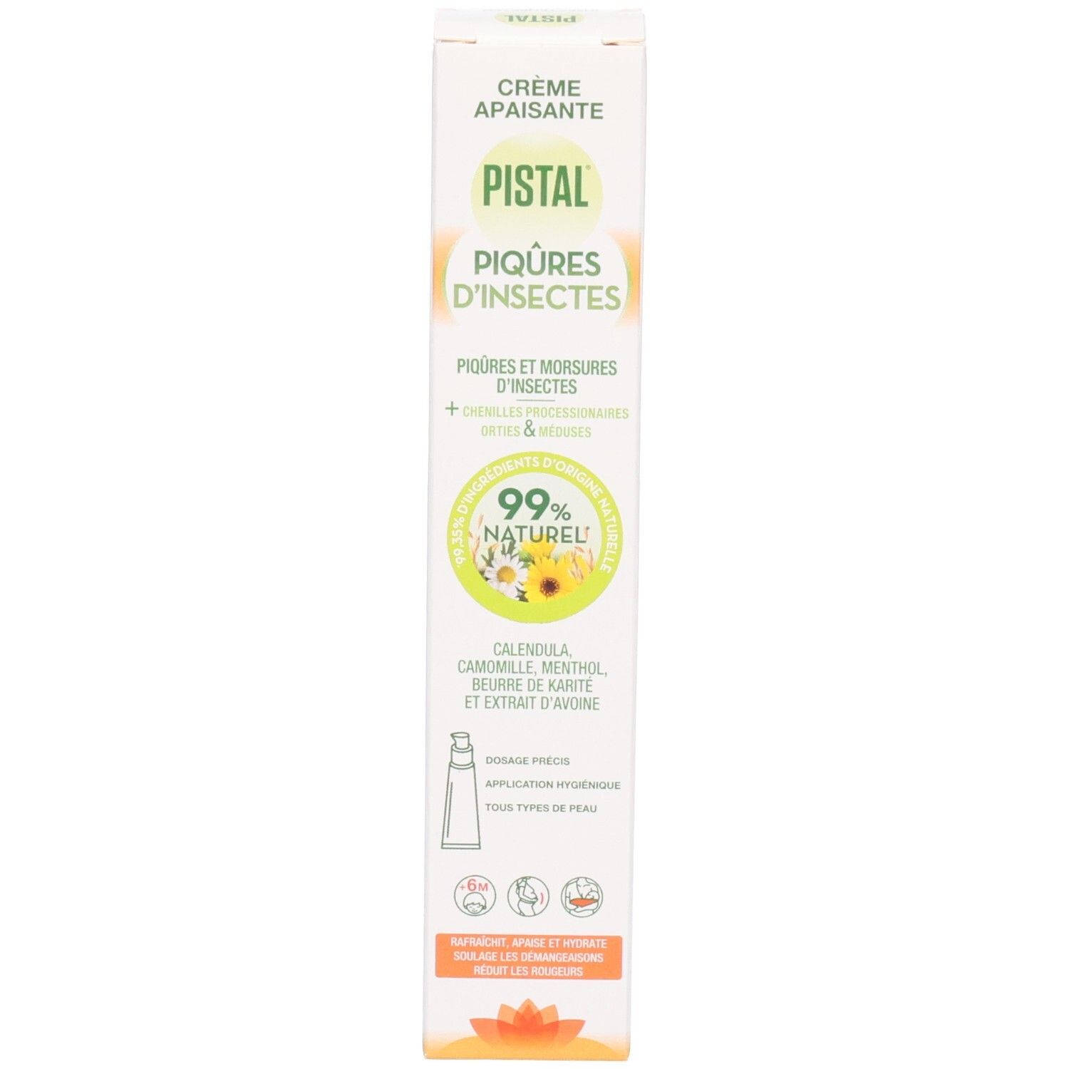 Verpackung. Aufschrift: PISTAL, Piqûres d'insectes. 99% natürlich. Inhaltsstoffe: Calendula, Kamille, Menthol, Sheabutter. Mit Applikator.