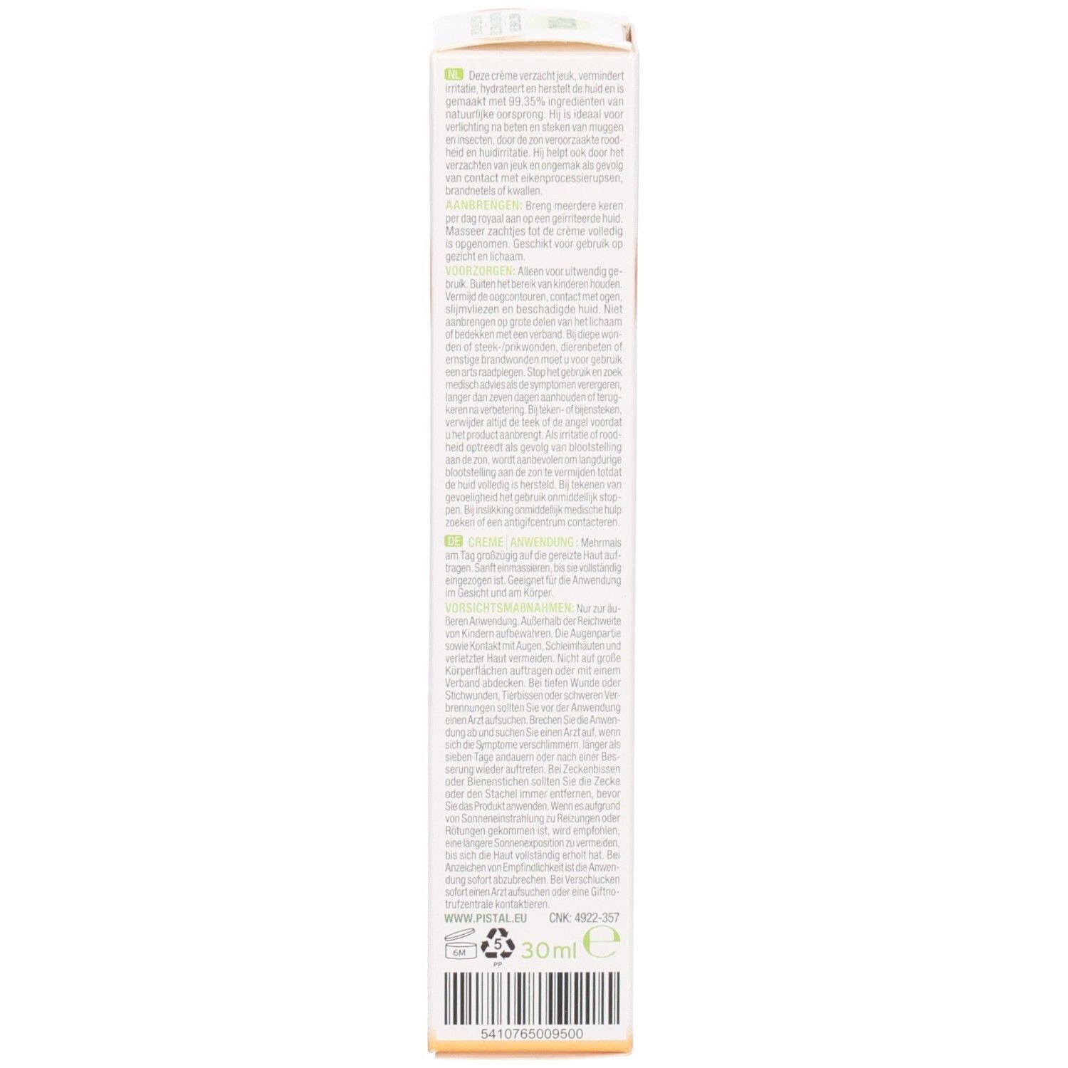 Rückseite der Verpackung. Text mit Inhaltsstoffen und Anwendungshinweisen. Herstellerinformationen und Logos. Volumen: 30ml.