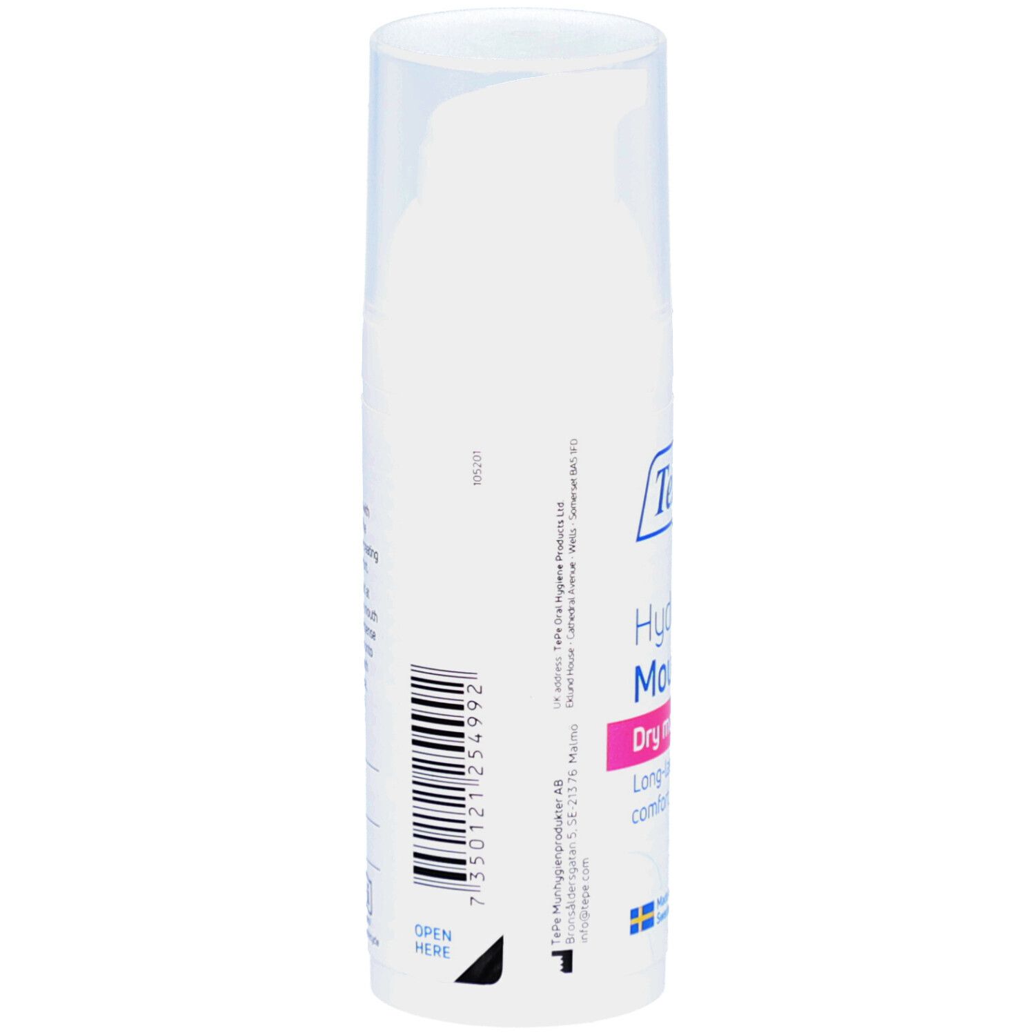 Flacon blanc, vue latérale. Code-barres et texte. Inscription: TePe Hydrating Mouth Gel. Symbole du drapeau suédois.