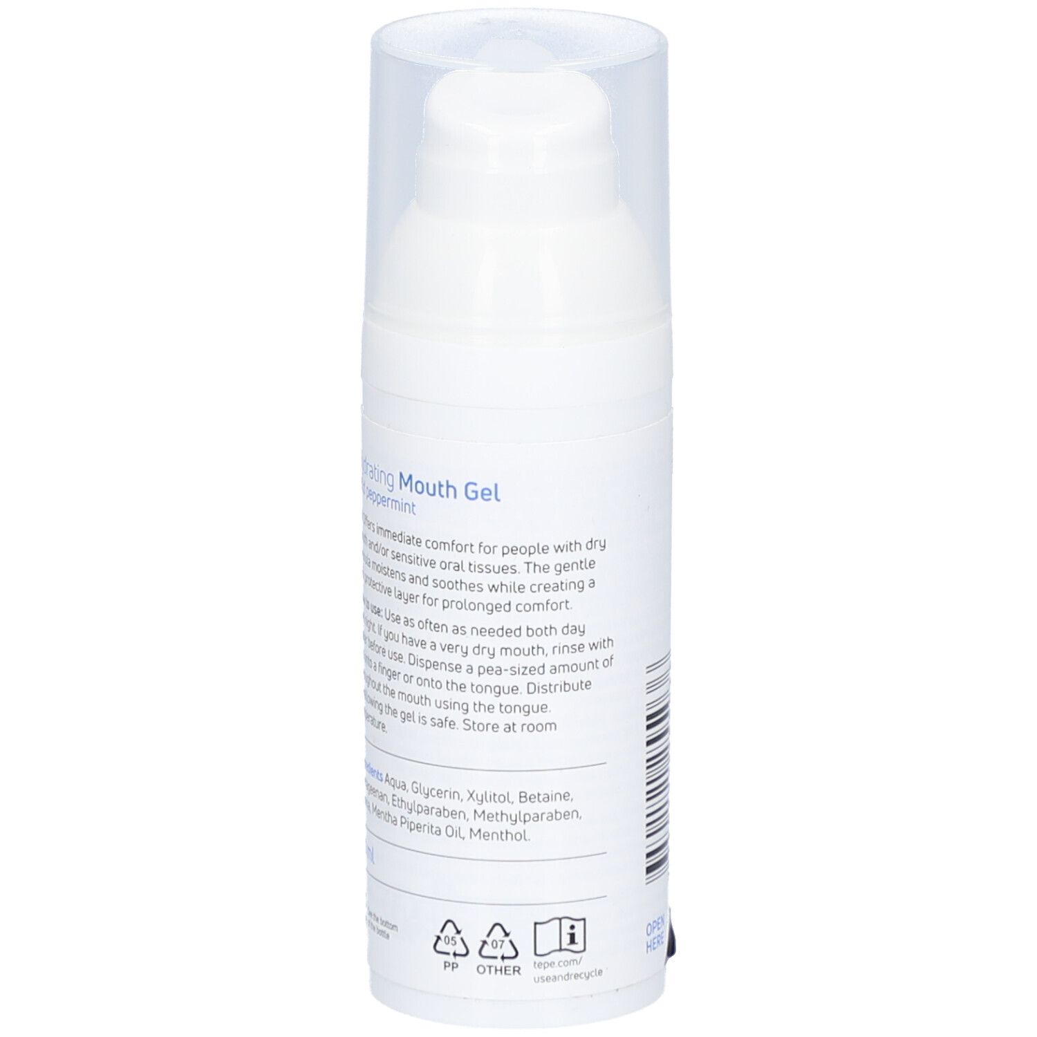 Dos du flacon blanc. Texte avec instructions et ingrédients. Symboles de recyclage.