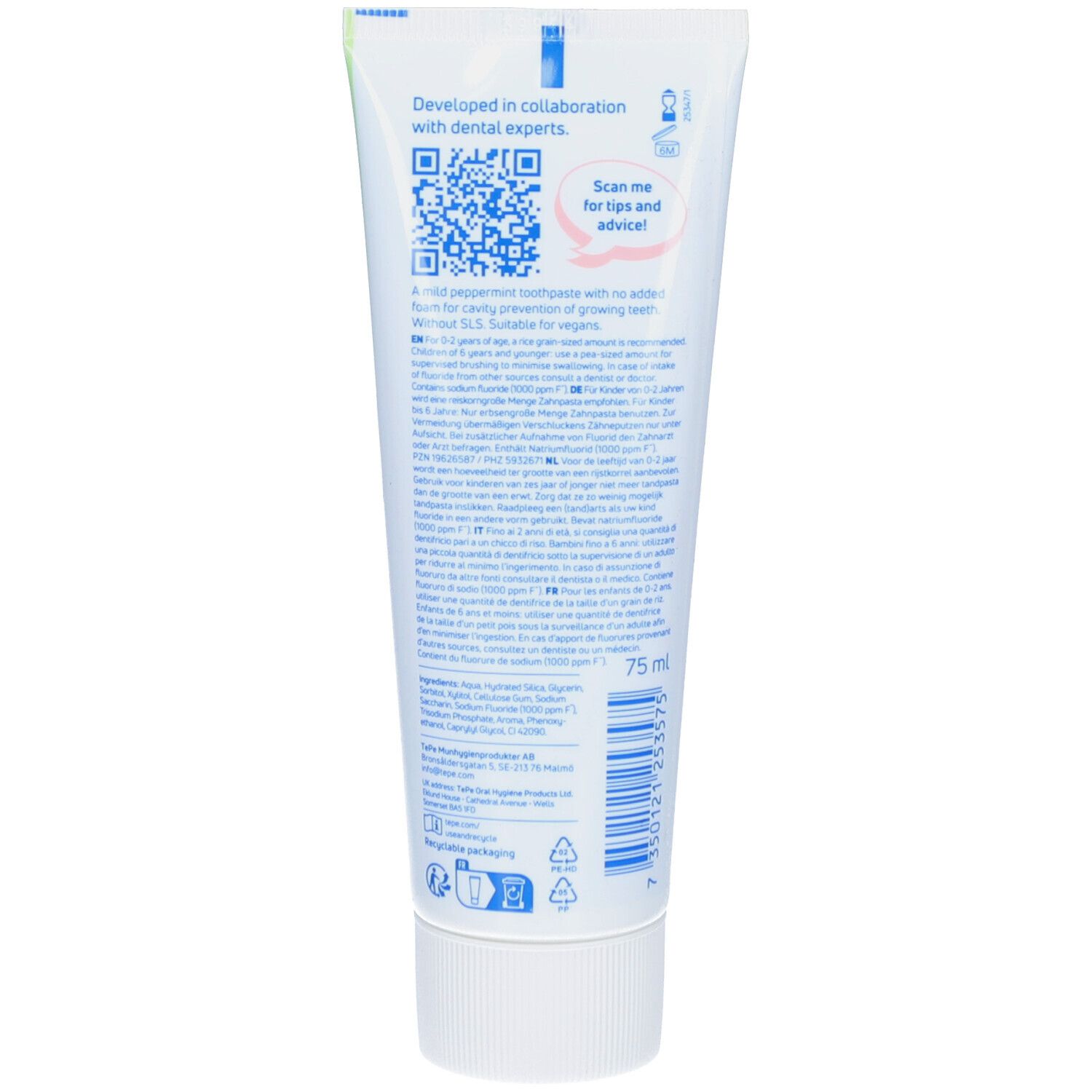 Dos du tube de dentifrice. Texte: Developed in collaboration with dental experts. Code QR et texte. Bouchon blanc.