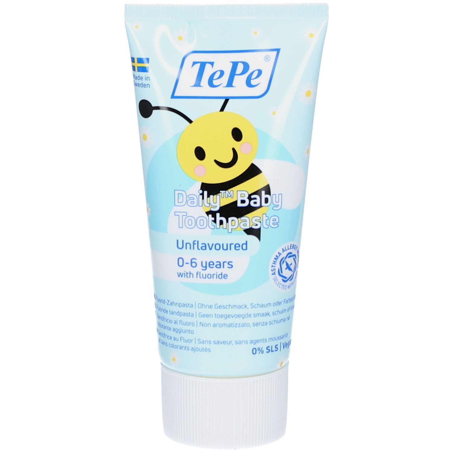 Zahnpasta-Tube mit gelbem Bienen-Design. Text: Daily Baby Toothpaste, 0-6 Jahre, ohne Geschmack, mit Fluorid. Marke TePe.