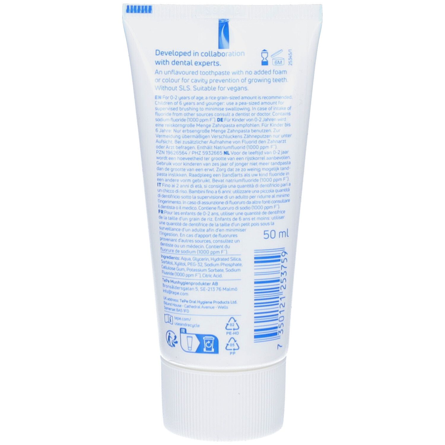 Rückseite der Zahnpasta-Tube. Text: Unflavoured toothpaste with fluoride. Geeignet für Veganer. 50 ml.