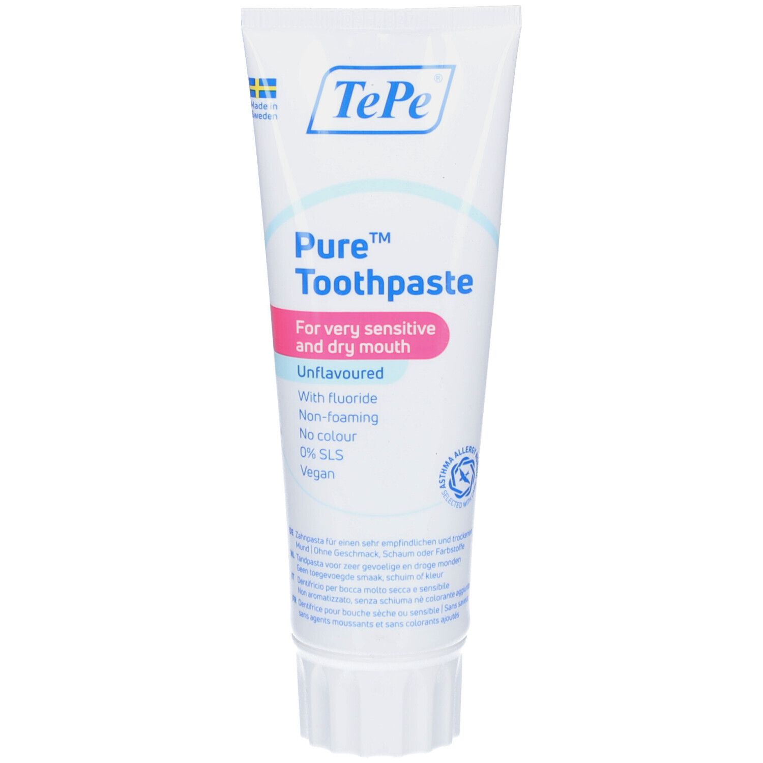 Tube de dentifrice blanc TePe Pure, pour bouches sensibles. Sans parfum, sans colorant, végétalien. Avec fluorure.