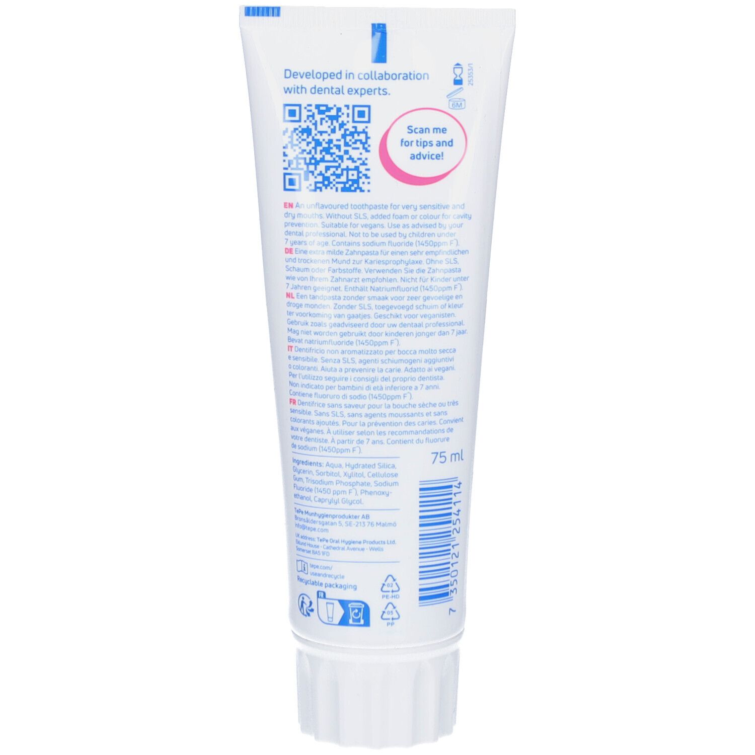 Dos du tube de dentifrice blanc. Texte: Développé en collaboration avec des experts dentaires. Code QR. 75 ml. Ingrédients.