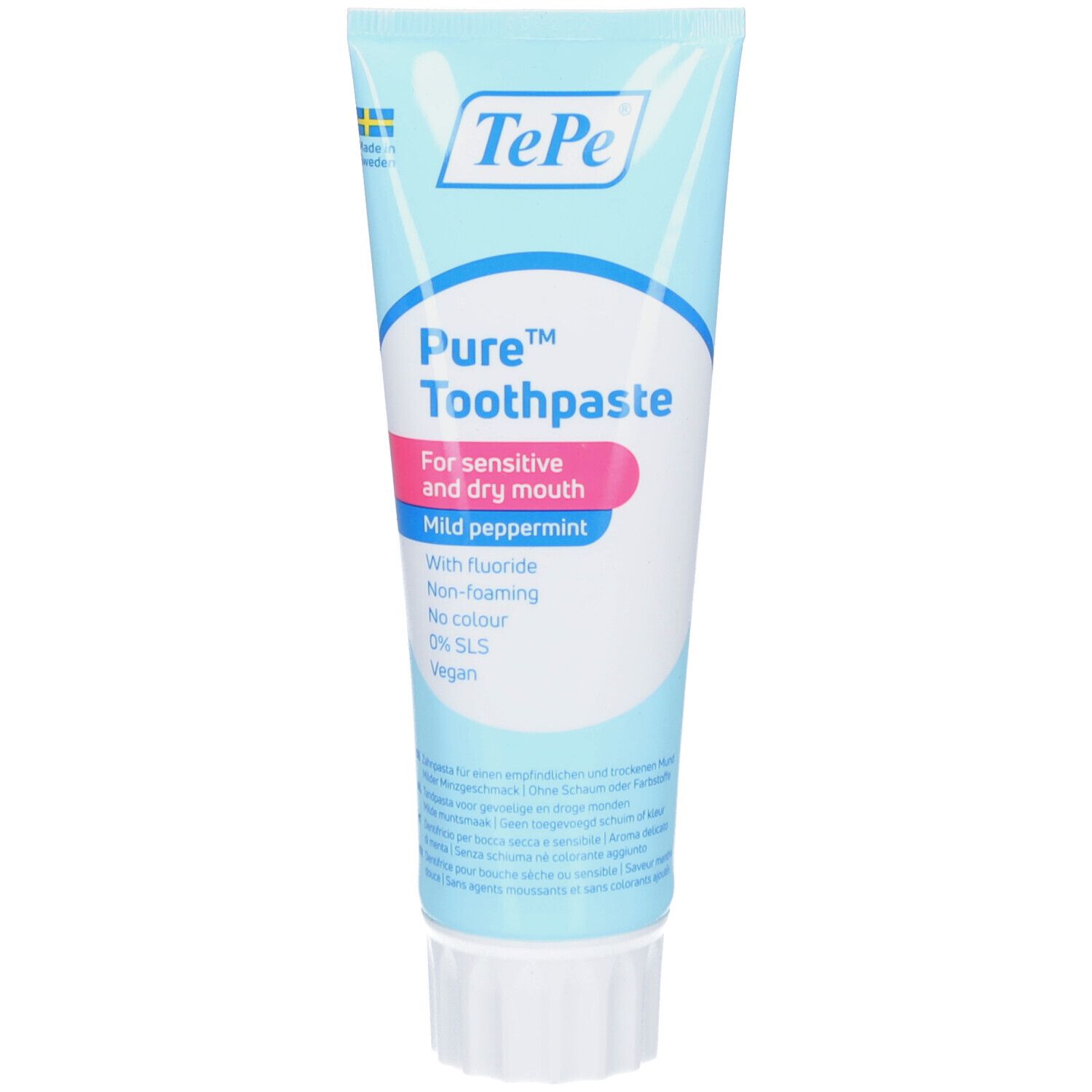 Zahncreme-Tube, hellblau, mit Produktnamen und Inhaltsangaben. Rosa hervorgehobene Bereiche.
