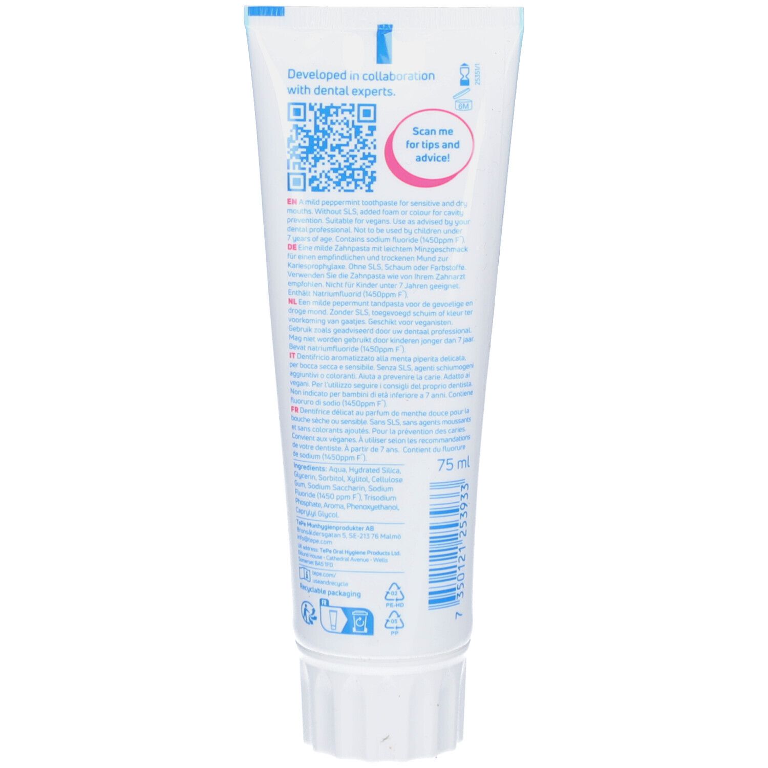 Rückseite der Zahncreme-Tube. Textinformationen, QR-Code und Inhaltsangaben. Weiße Tube.