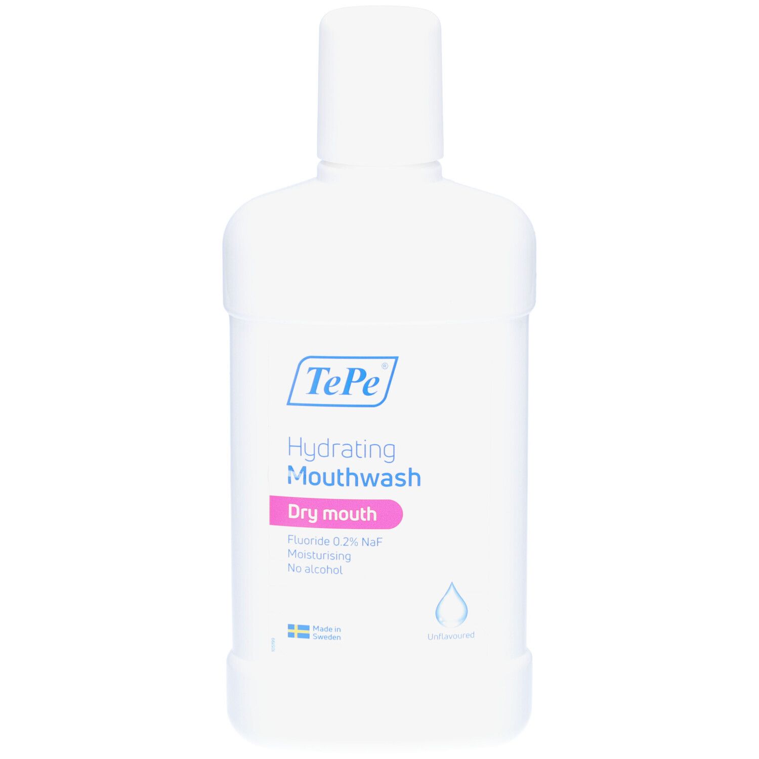 Weiße Flasche mit blauem Logo und rosa Text. Beschriftung: Hydrating Mouthwash, Dry mouth. Tropfensymbol.