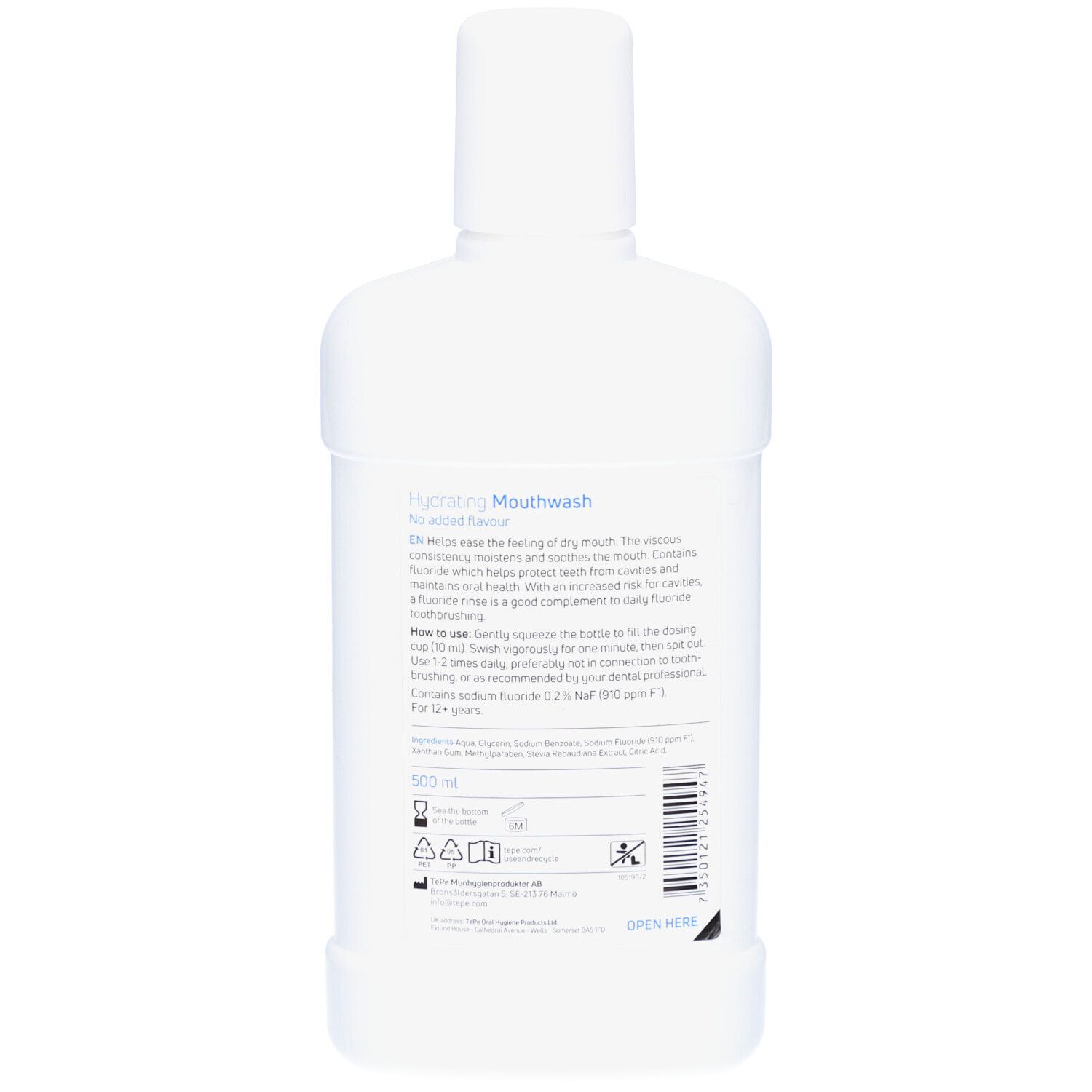 Rückseite der weißen Flasche. Text und Symbole. Beschriftung: Hydrating Mouthwash. 500 ml.