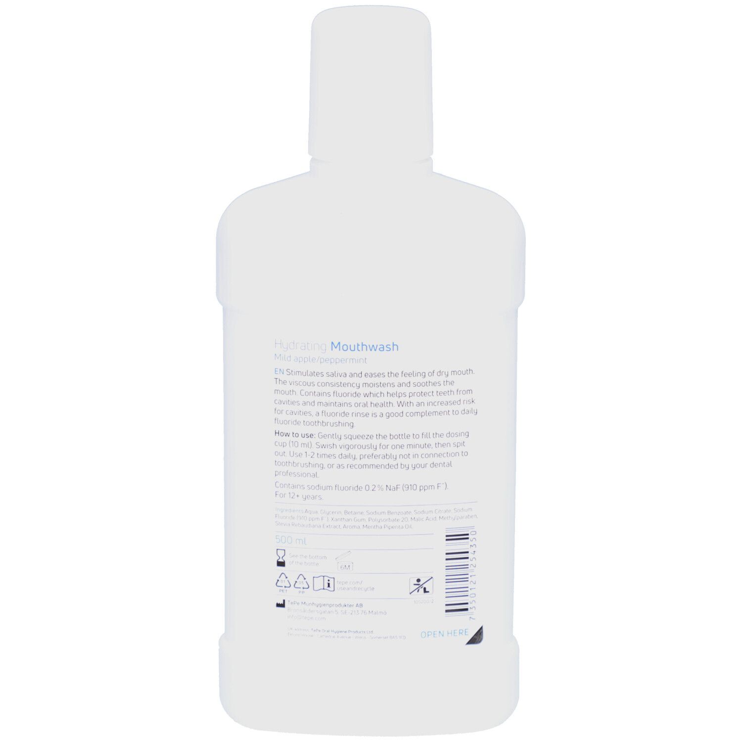 Rückseite einer weißen Flasche. Text: Hydrating Mouthwash. Informationen zur Anwendung und Inhaltsstoffe.