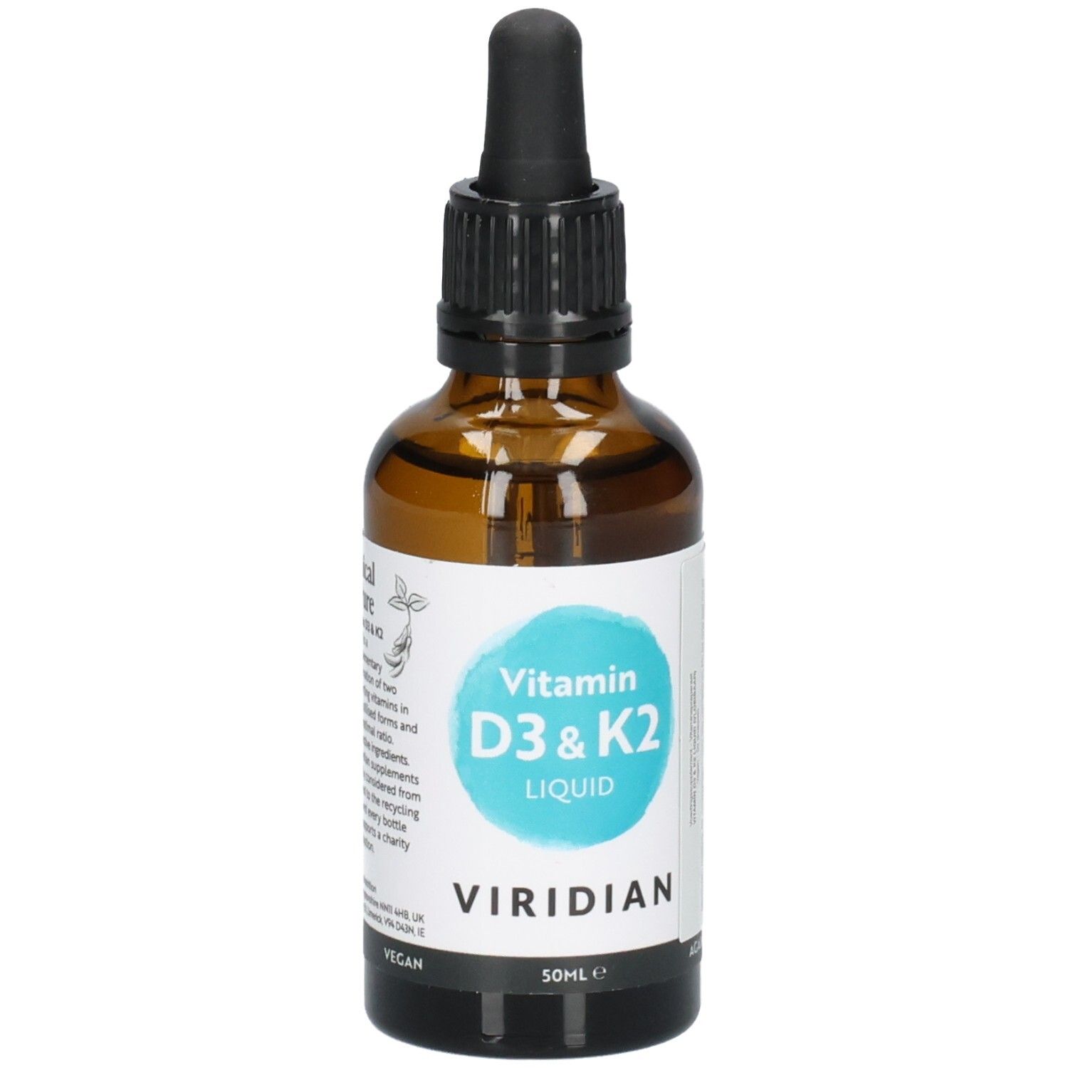 Braune Glasflasche mit Pipette, enthält Viridian Vitamin D3 & K2 Liquid, 50ml.