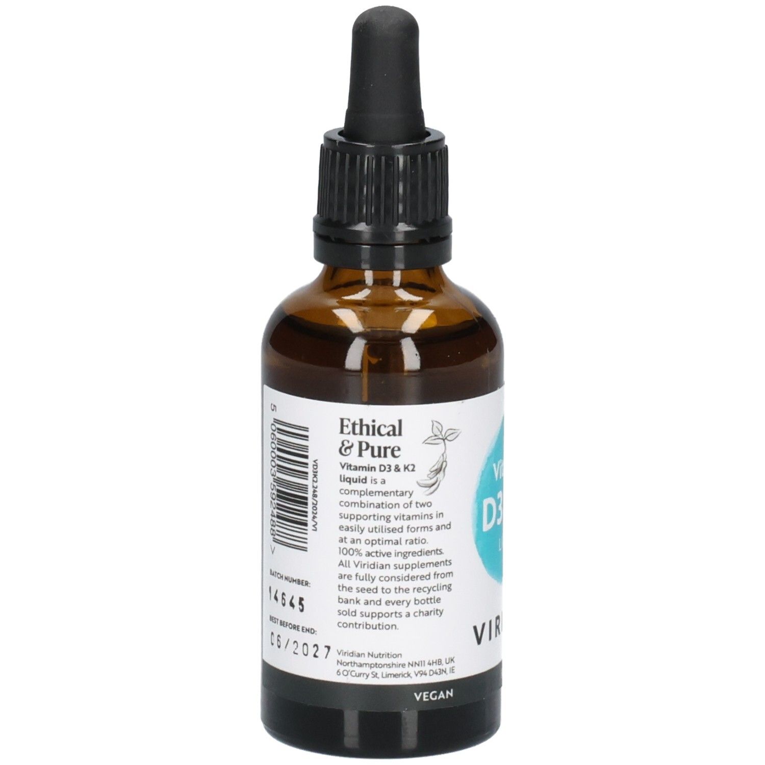 Rückseite einer Viridian Vitamin D3 & K2 Liquid Flasche mit Etikett 'Ethical & Pure'.