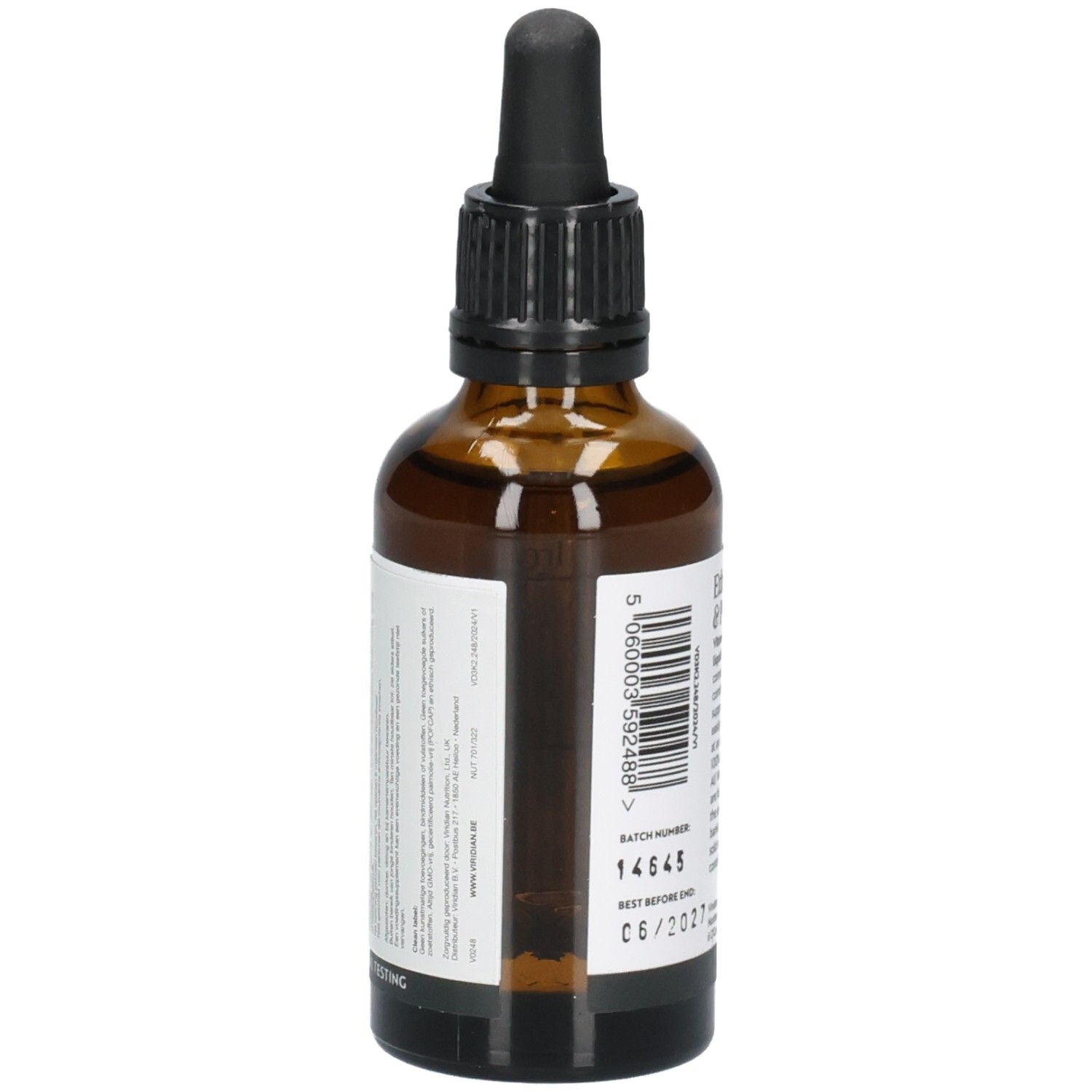 Seite einer Viridian Vitamin D3 & K2 Liquid Flasche mit Barcode und Chargennummer.