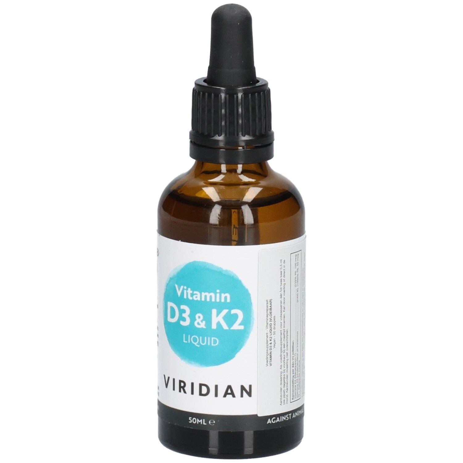 Viridian Vitamin D3 & K2 Liquid Flasche, 50ml, mit Pipette und Etikett.