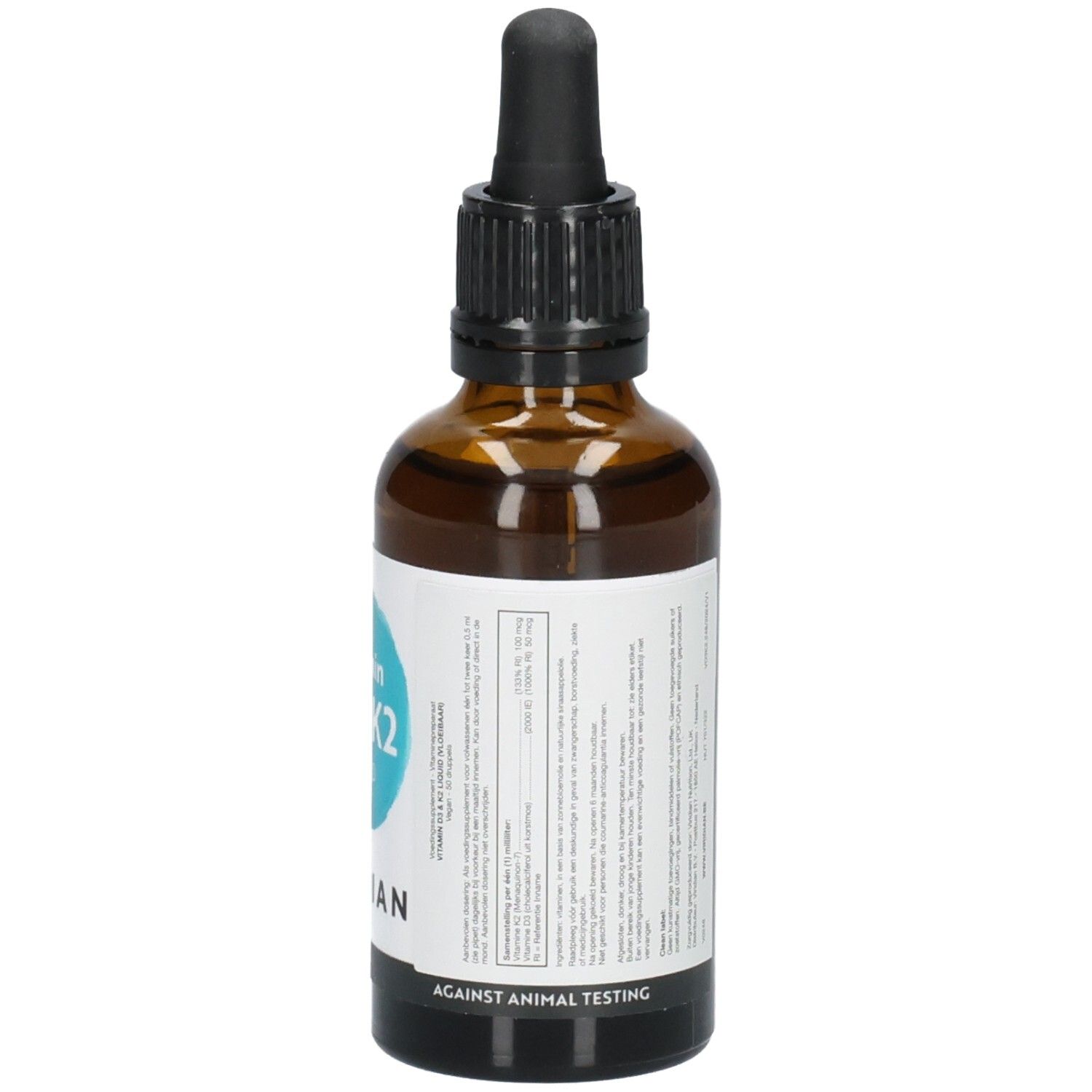 Rückseite einer Viridian Vitamin D3 & K2 Liquid Flasche mit Etikett 'Against Animal Testing'.