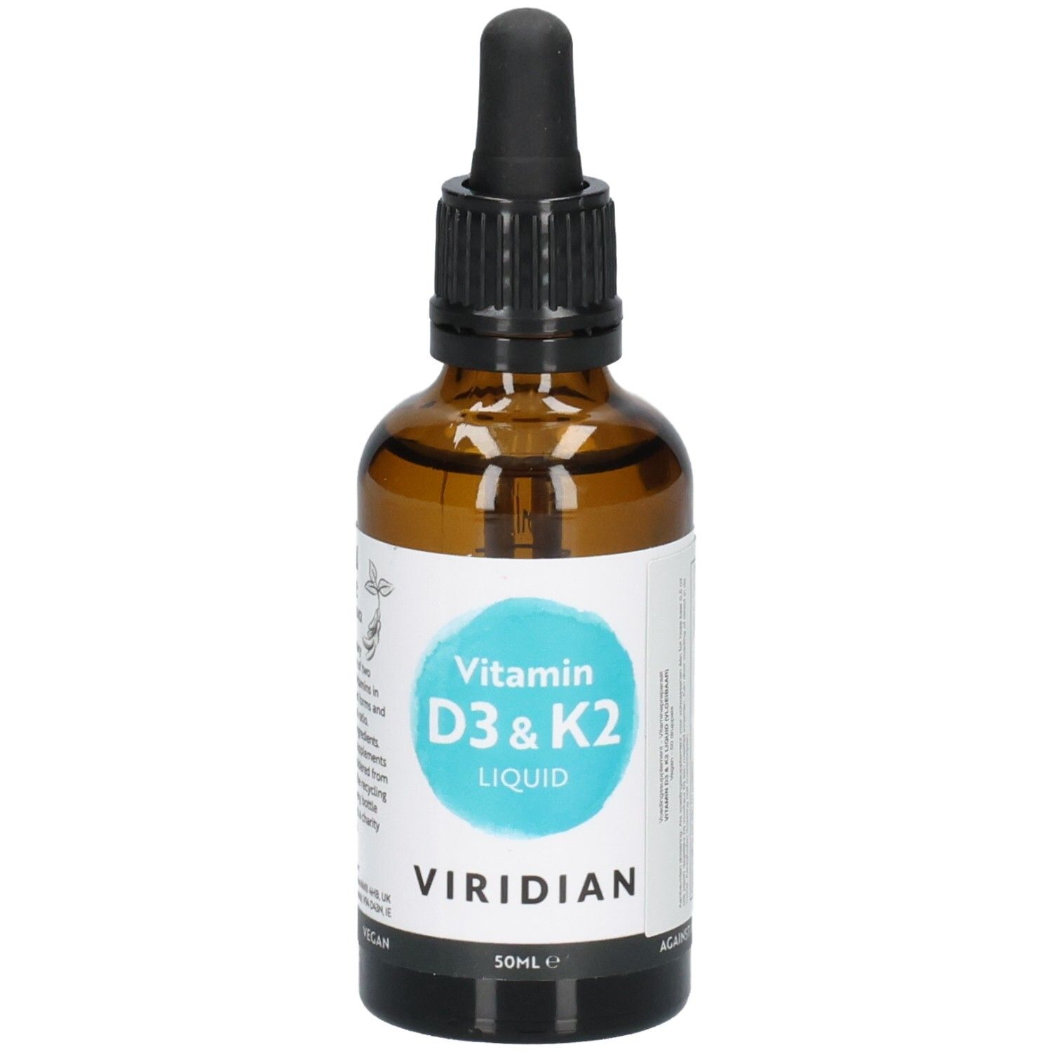 Viridian Vitamin D3 & K2 Liquid Flasche, 50ml, mit Pipette und Etikett.