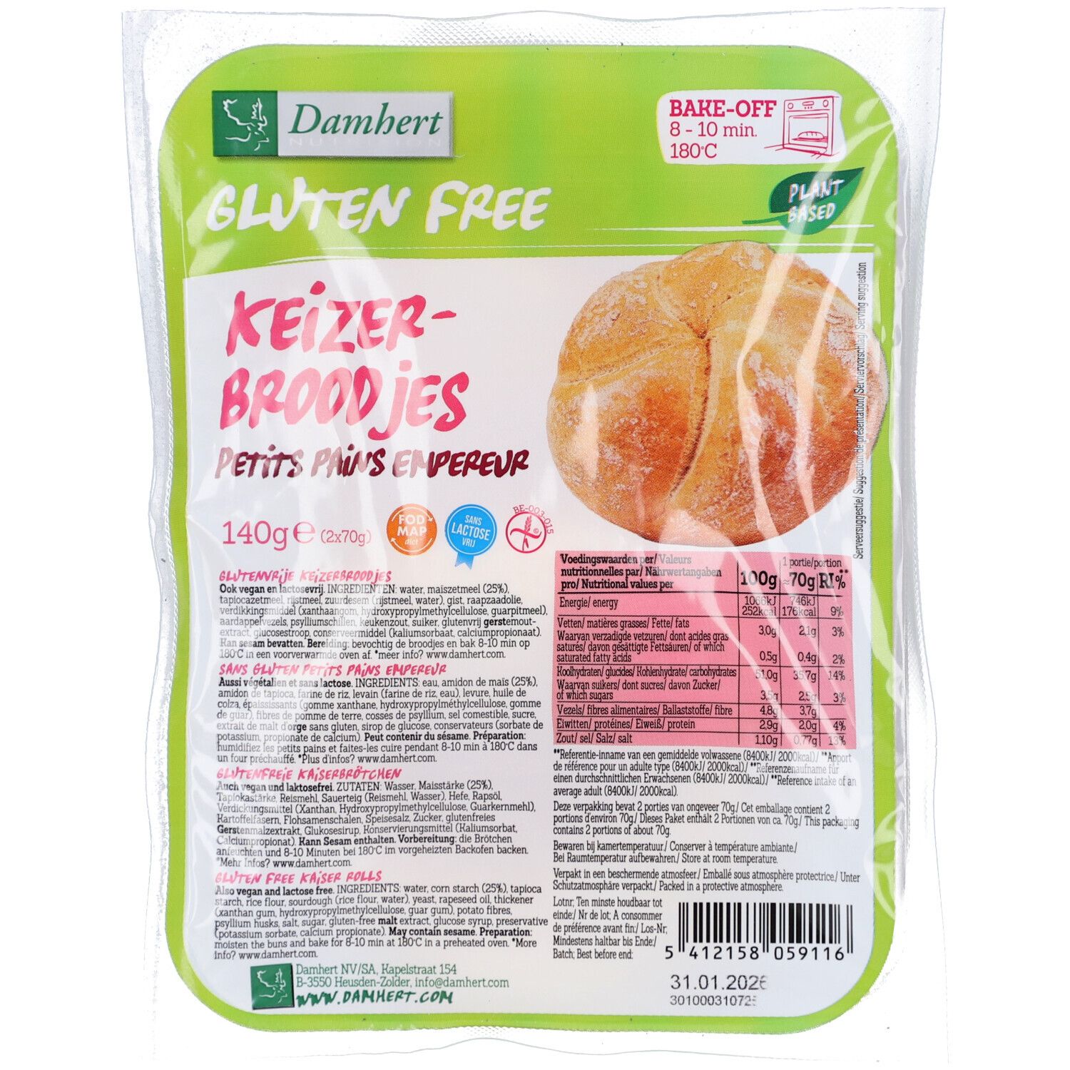 Verpackung mit glutenfreien Brötchen. Aufschrift: Damhert Gluten Free Keizer-Broodjes, Petit Pains Empereur. Sichtbar: ein Brötchen.