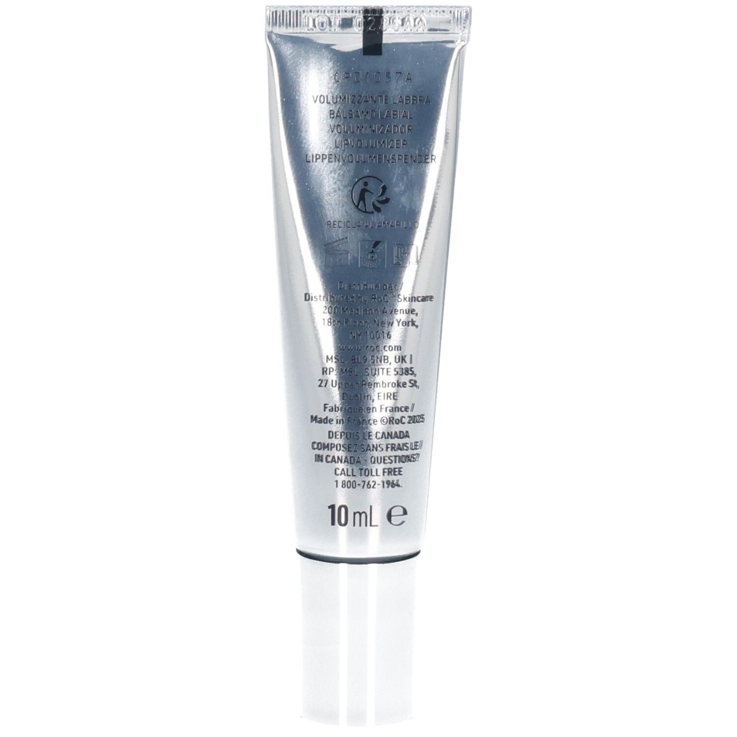Rückseite der RoC Derm Correction Lip Volumizer Tube mit Inhaltsangaben.