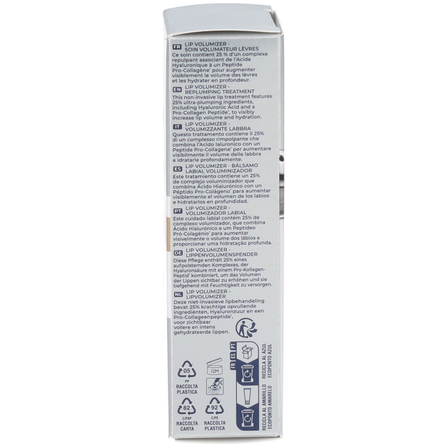 Seitenansicht der RoC Derm Correction Lip Volumizer Verpackung mit Produktinformationen.