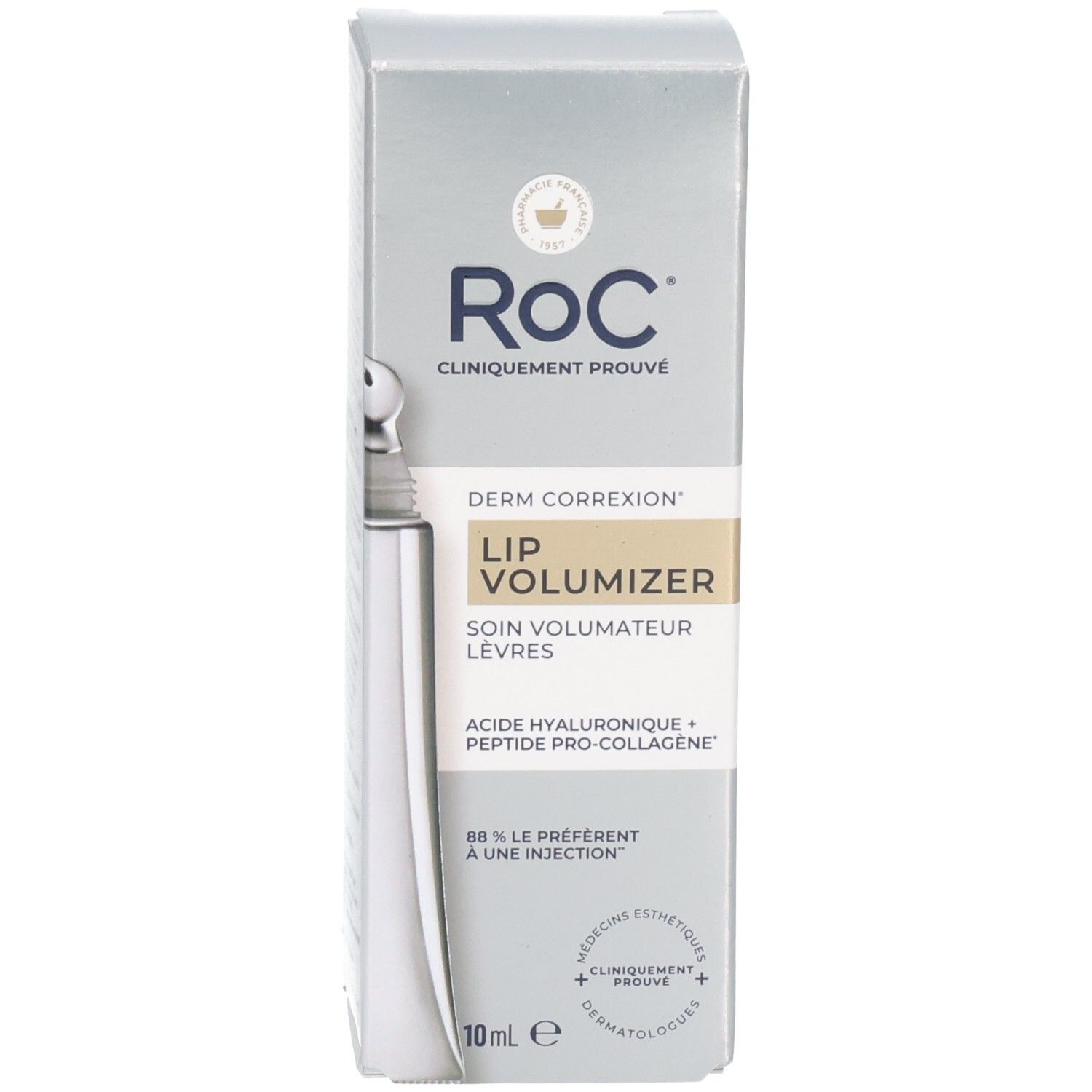 Seitenansicht der RoC Derm Correction Lip Volumizer Verpackung mit Produktinformationen.