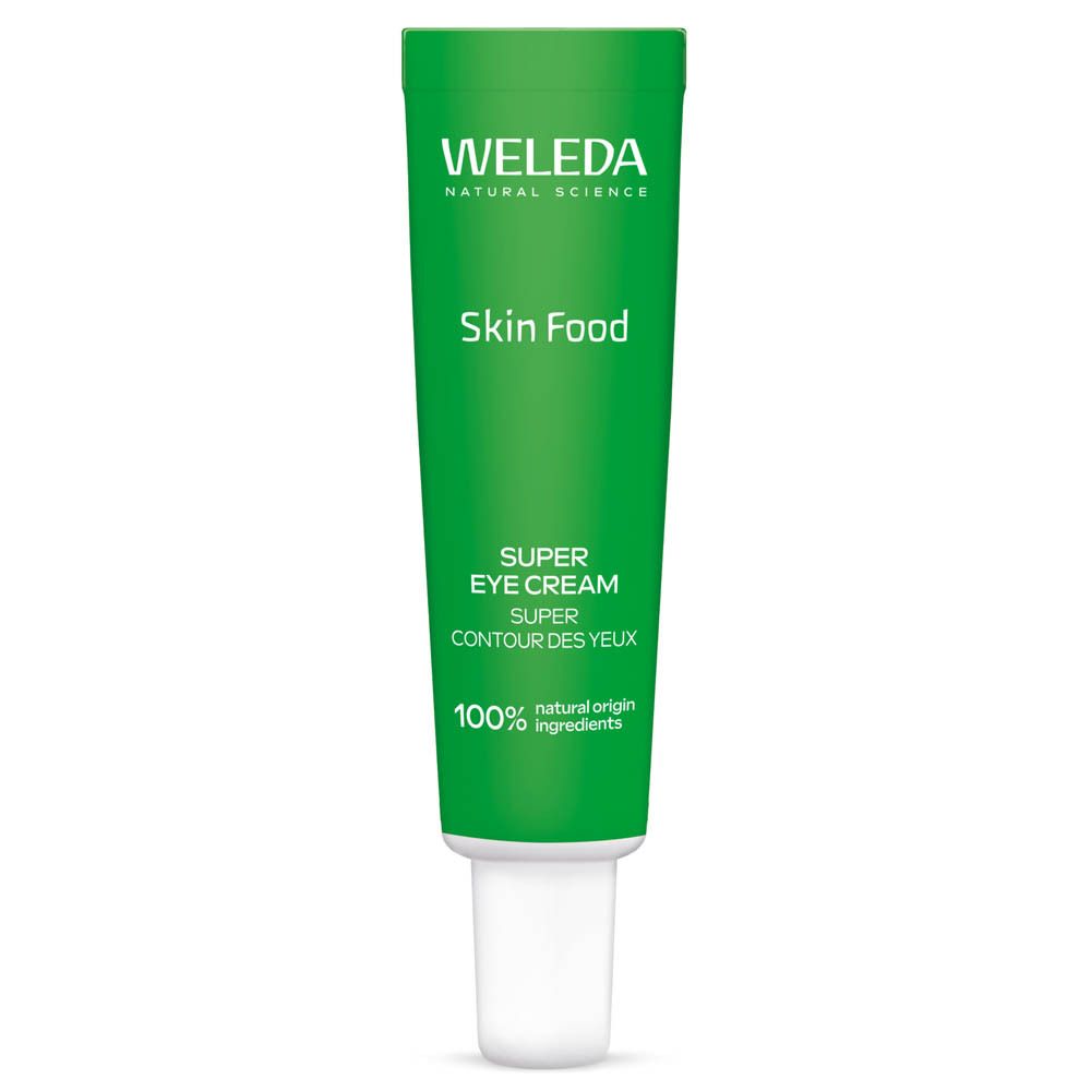 Tube verte avec bouchon blanc. Inscription : Weleda Skin Food Super Eye Cream. 100% ingrédients naturels.