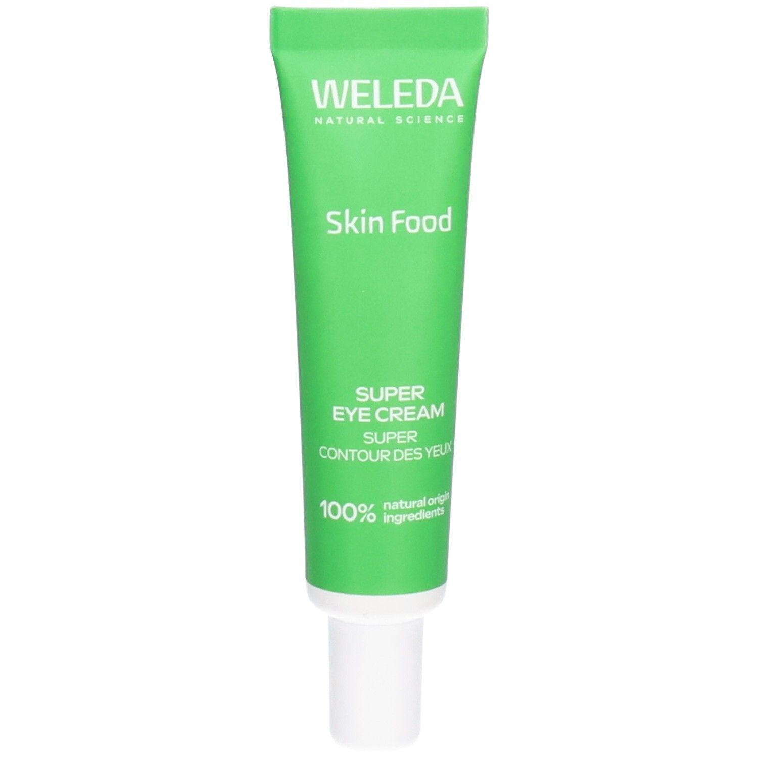 Grüne Tube mit weißem Verschluss. Aufschrift: Weleda Skin Food Super Eye Cream. 100% natürliche Inhaltsstoffe.