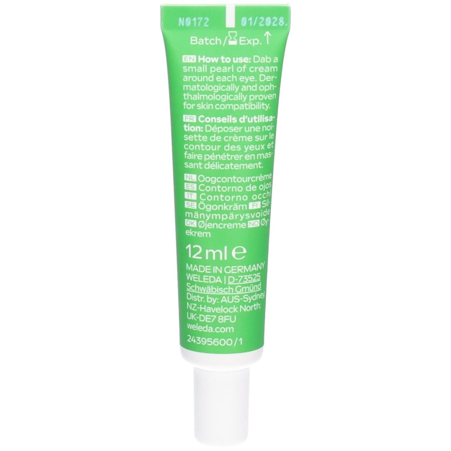 Rückseite der Tube. Text in mehreren Sprachen. Batch- und Verfallsdatum. 12ml. Hergestellt in Deutschland.
