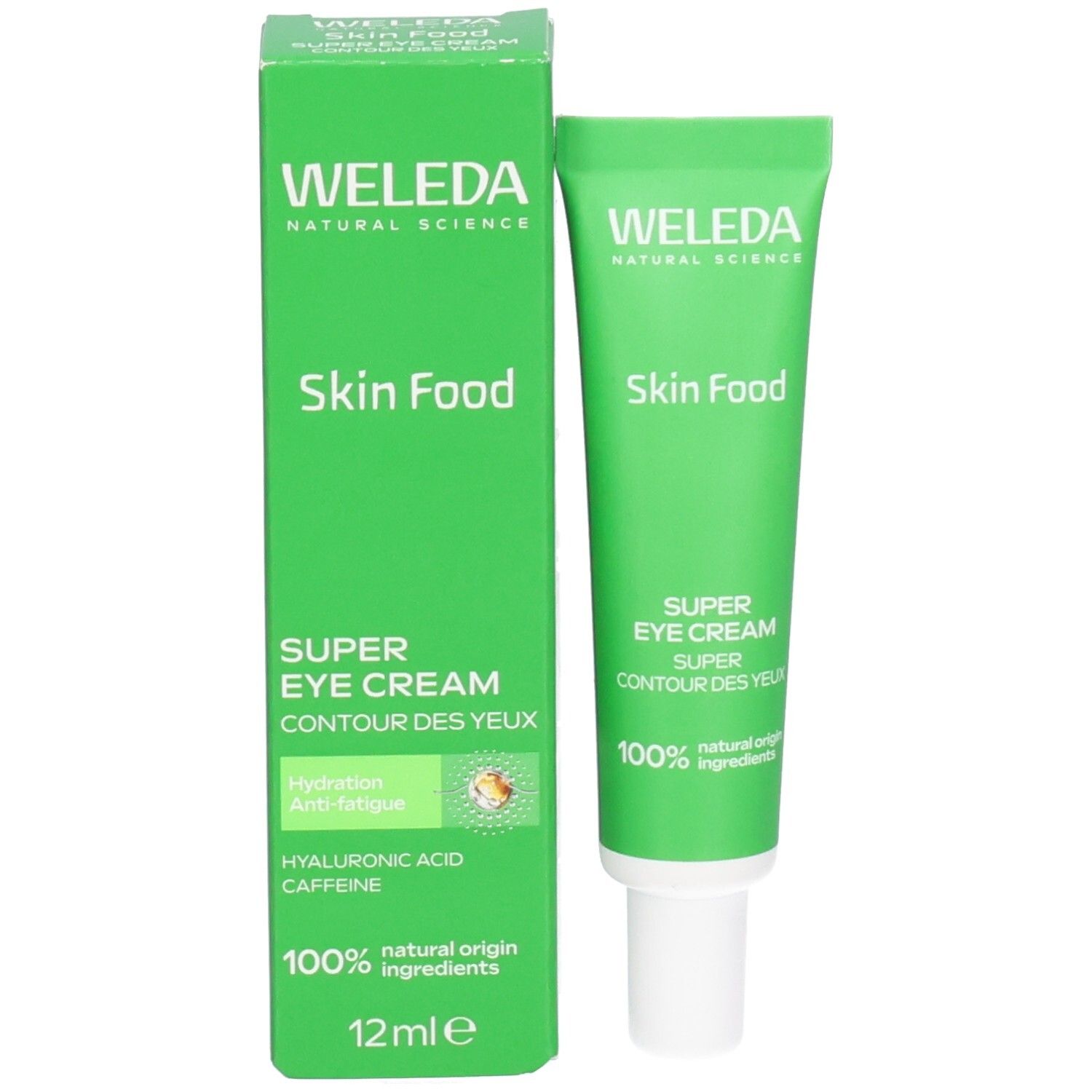 Grüne Schachtel und Tube. Aufschrift: Weleda Skin Food Super Eye Cream. 100% natürliche Inhaltsstoffe. 12ml.