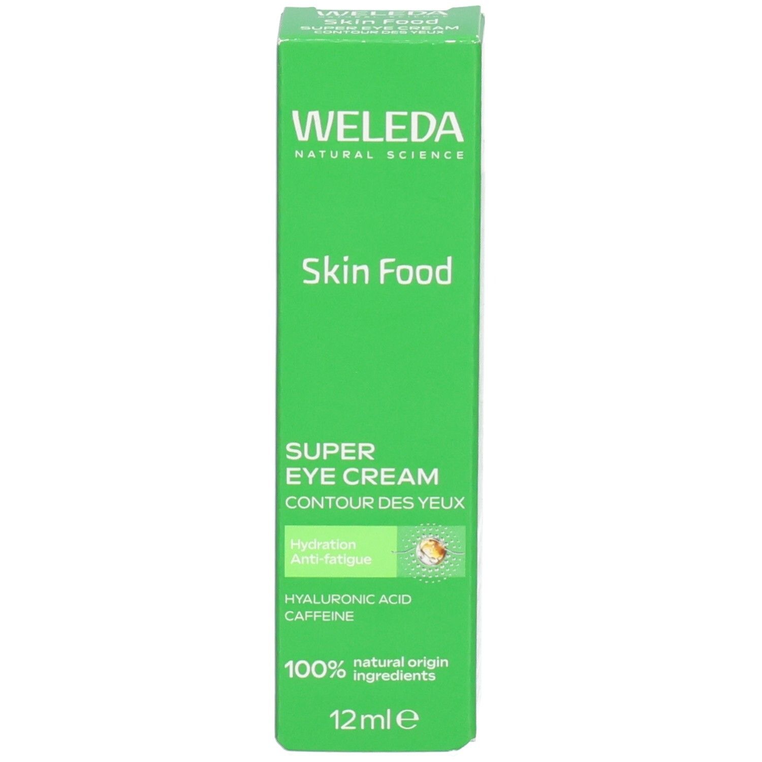 Grüne Schachtel. Aufschrift: Weleda Skin Food Super Eye Cream. 100% natürliche Inhaltsstoffe. 12ml.