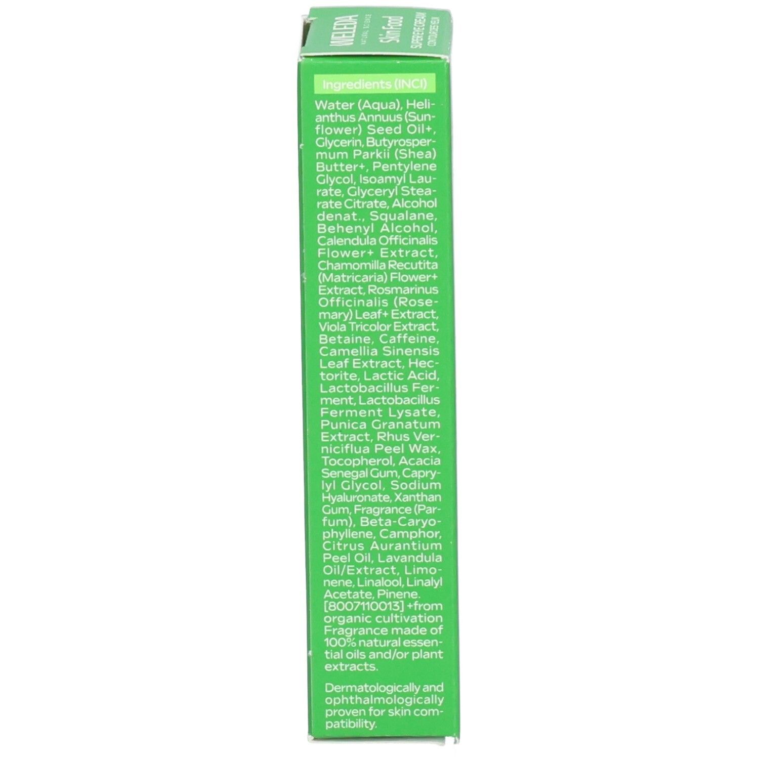 Grüne Schachtel. Auflistung der Inhaltsstoffe. Dermatologisch und ophthalmologisch getestet.
