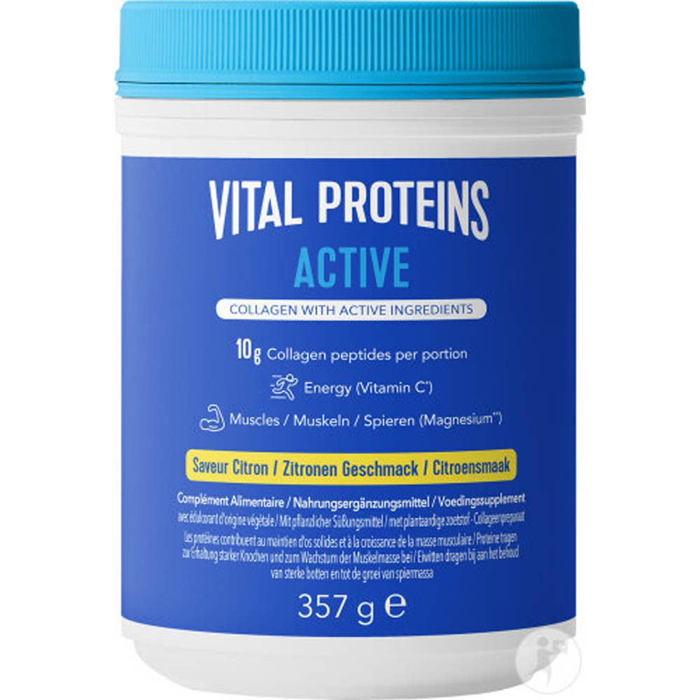 Vital Proteins Active, pot bleu. Inscription: Active, Collagène, 10g peptides de collagène, Énergie (Vitamine C).