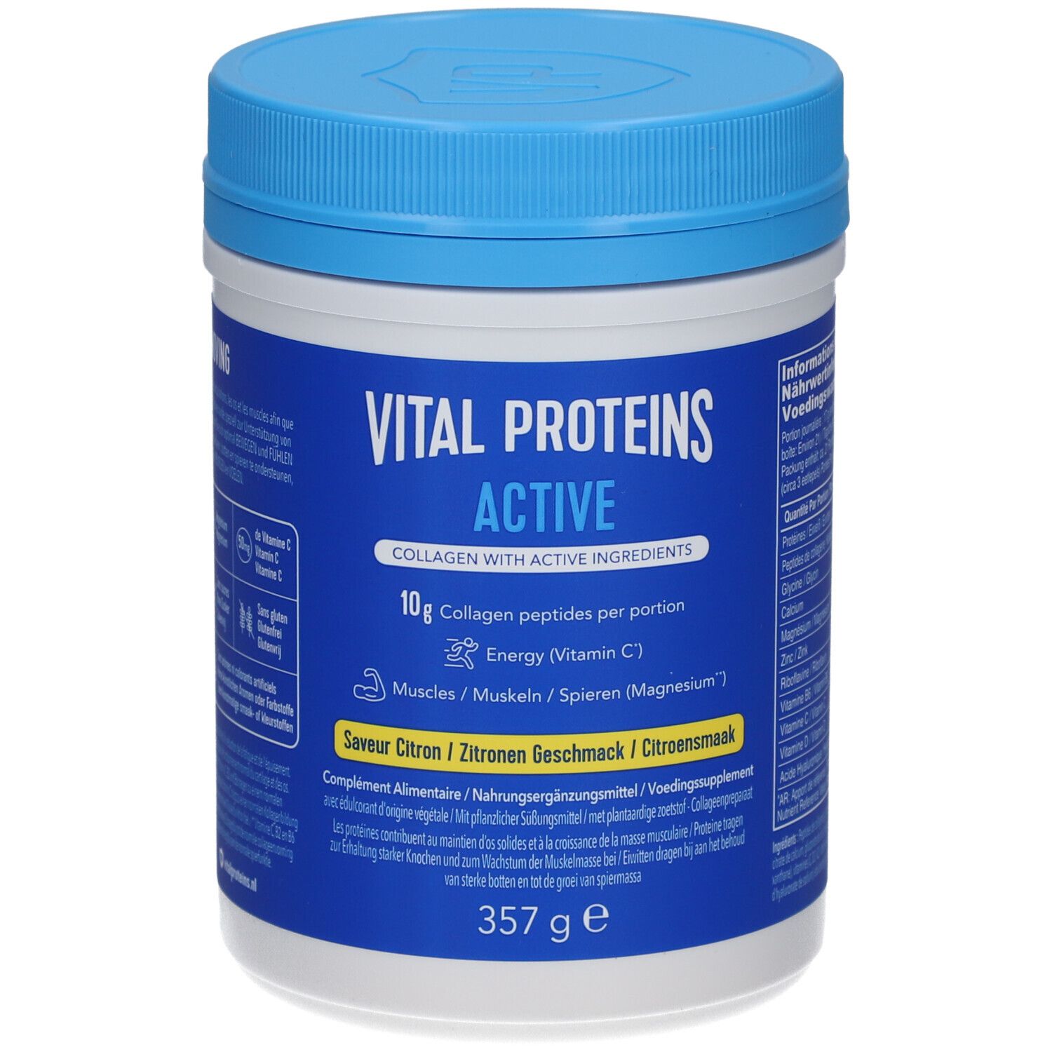 Vital Proteins Active, Dose mit blauem Deckel. Aufschrift: Active, Collagen, 10g Collagen Peptide, Energie (Vitamin C).