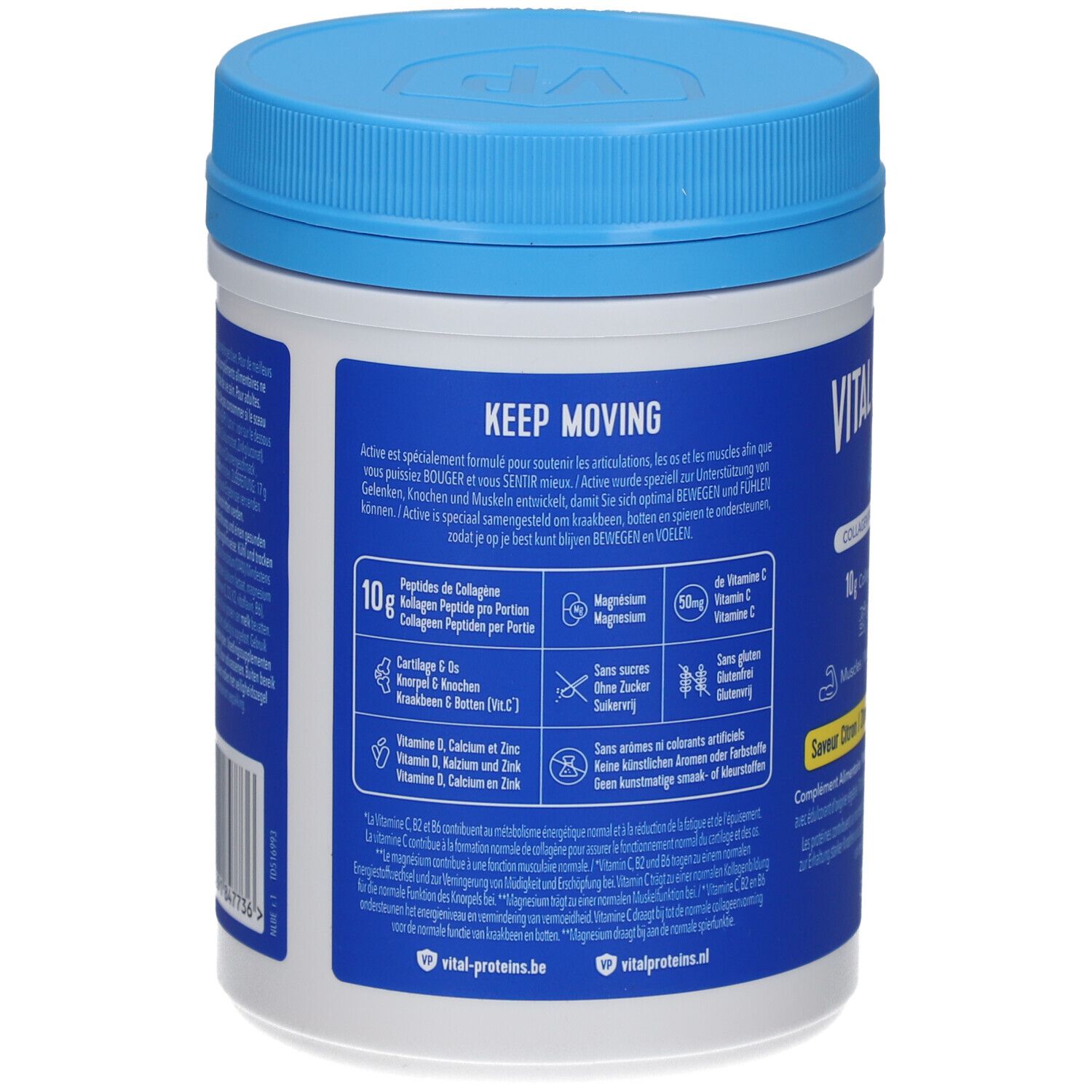 Rückseite der Vital Proteins Active Dose. Text: Keep Moving, 10g Collagen Peptide, Vitamin C, Magnesium, ohne Zucker.