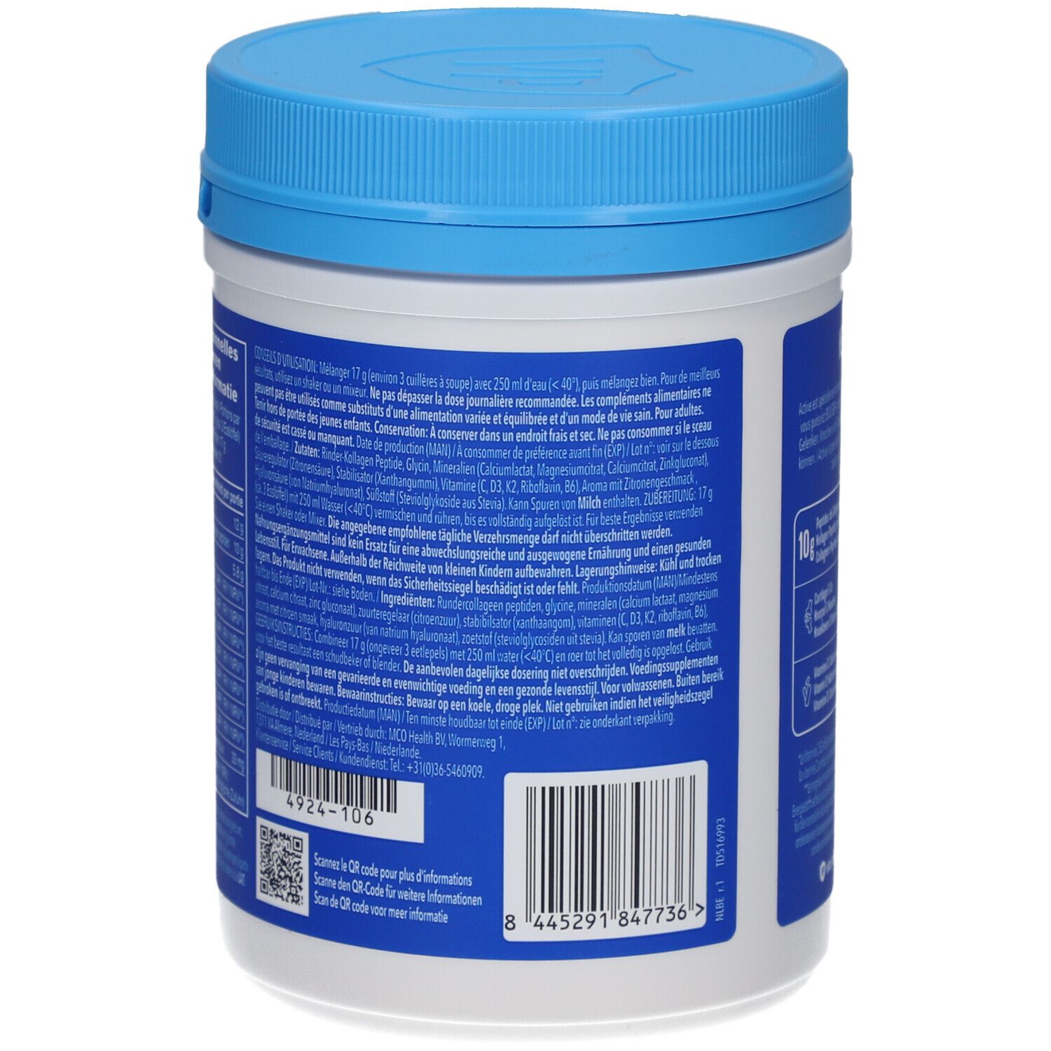 Rückseite der Vital Proteins Active Dose. Text: Zutaten, Nährwertangaben, QR-Code. Barcode und Chargennummer.