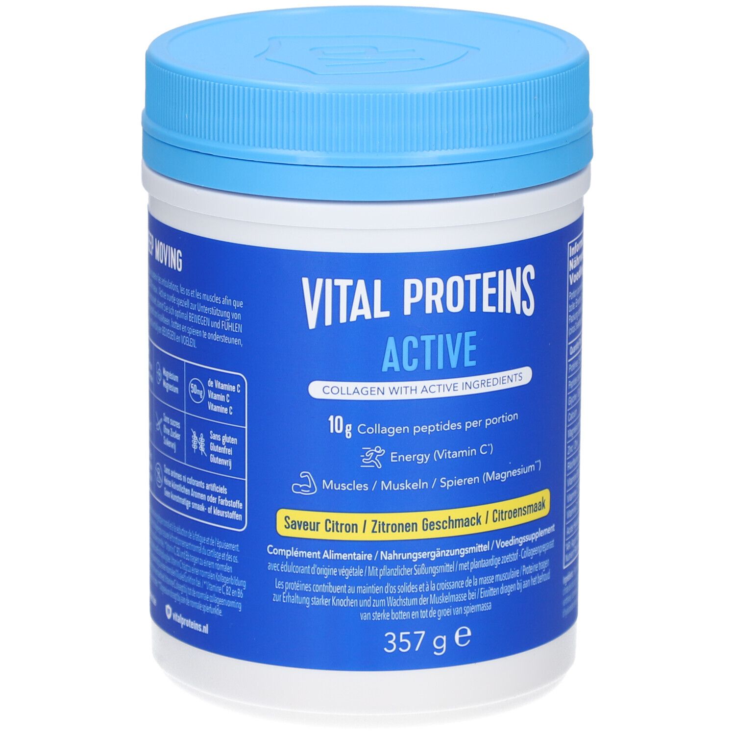 Vital Proteins Active, Dose mit blauem Deckel. Aufschrift: Active, Collagen, 10g Collagen Peptide, Energie (Vitamin C).