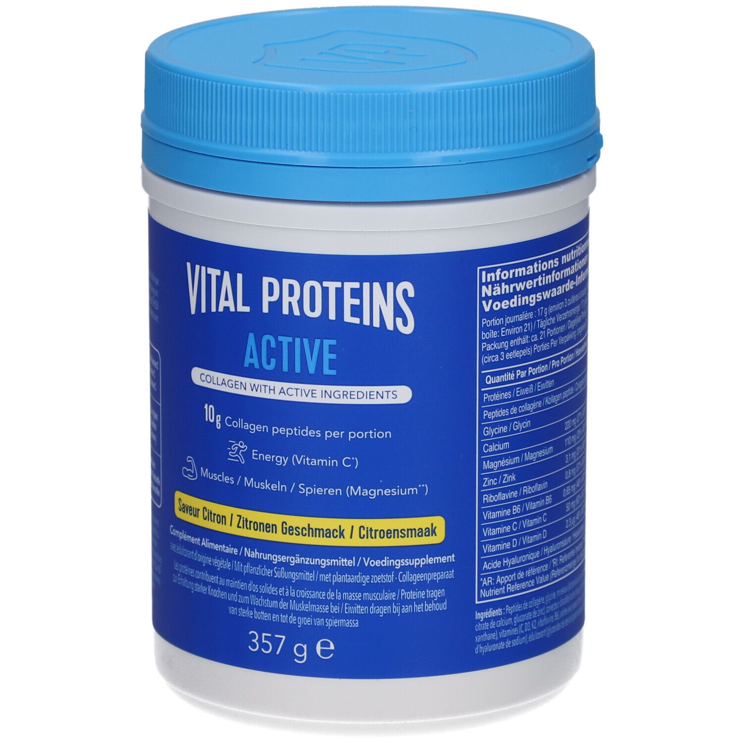 Vital Proteins Active, Dose mit blauem Deckel. Aufschrift: Active, Collagen, 10g Collagen Peptide, Energie (Vitamin C).