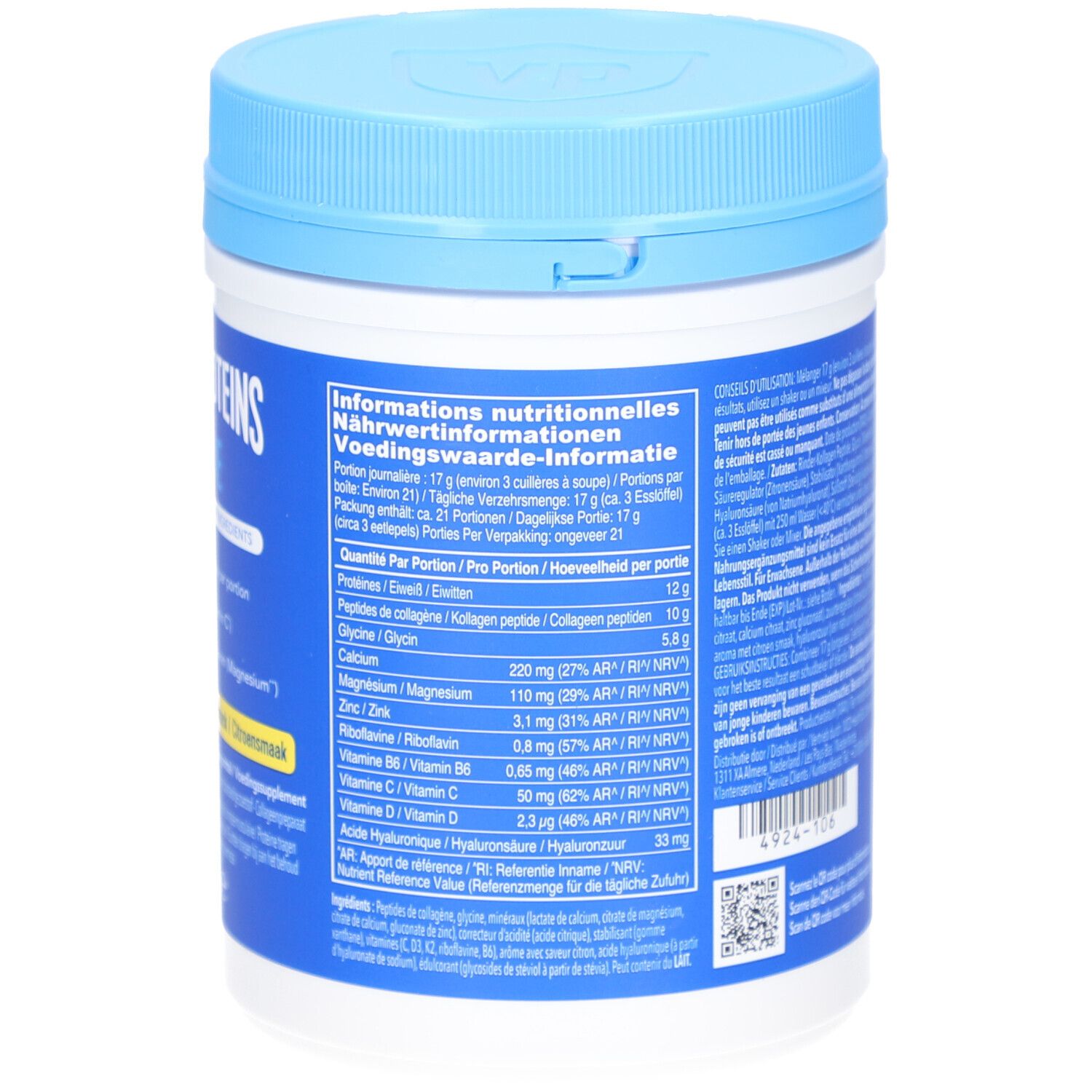 Rückseite der Vital Proteins Active Dose. Nährwertangaben, Portionen, Inhaltsstoffe. Barcode und Chargennummer.