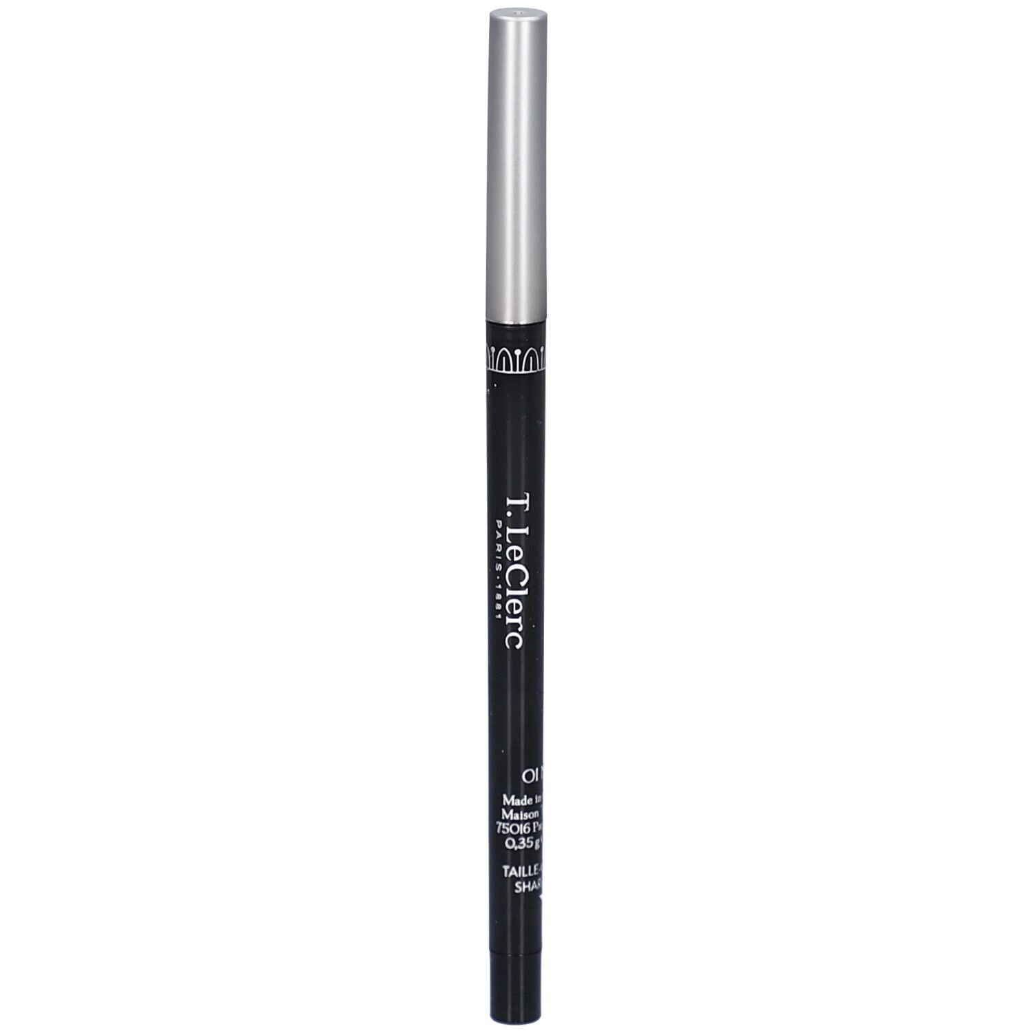 Schwarzer, ausziehbarer Eyeliner-Stift mit silberner Kappe. Marke: T. LeClerc.