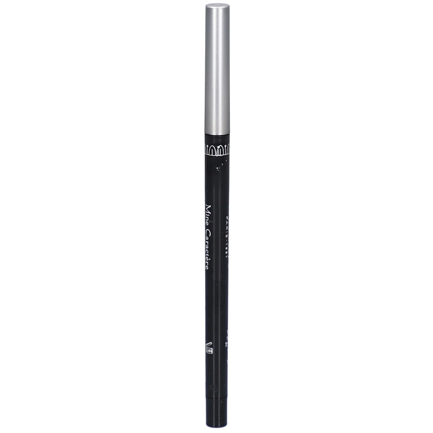 Schwarzer, ausziehbarer Eyeliner-Stift mit silberner Kappe. Aufschrift: Mine Caractère.